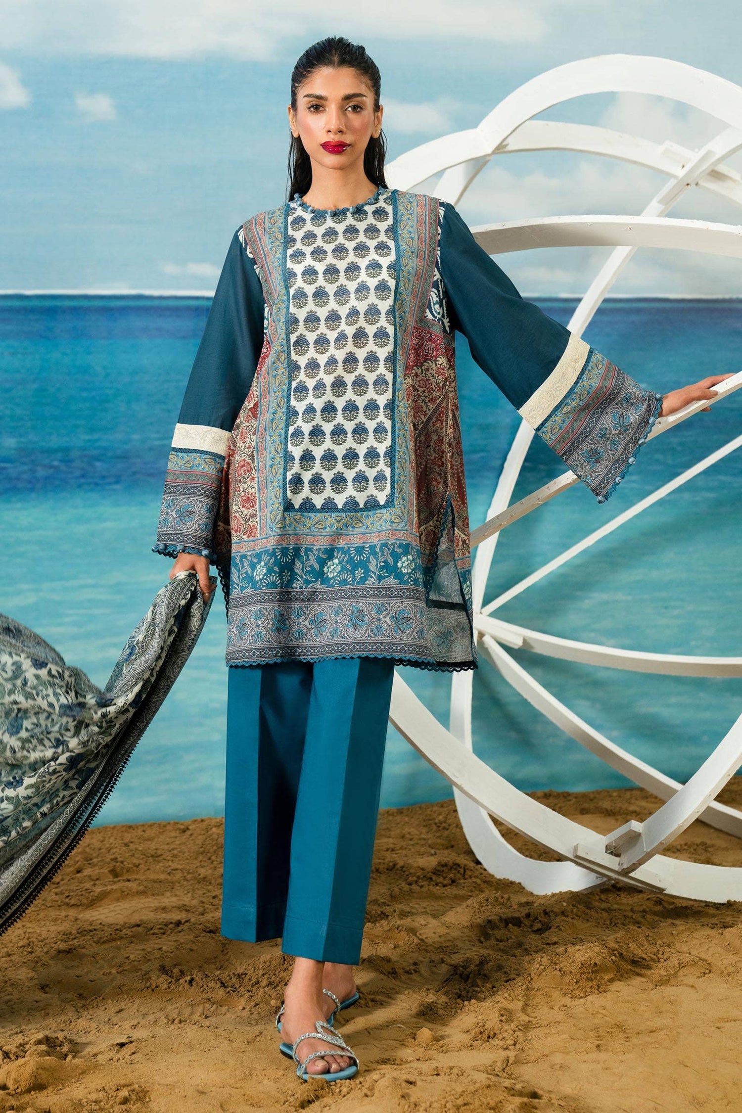 Sana Safinaz 3 Piece Custom Stitched Suit - Blue - LB286872