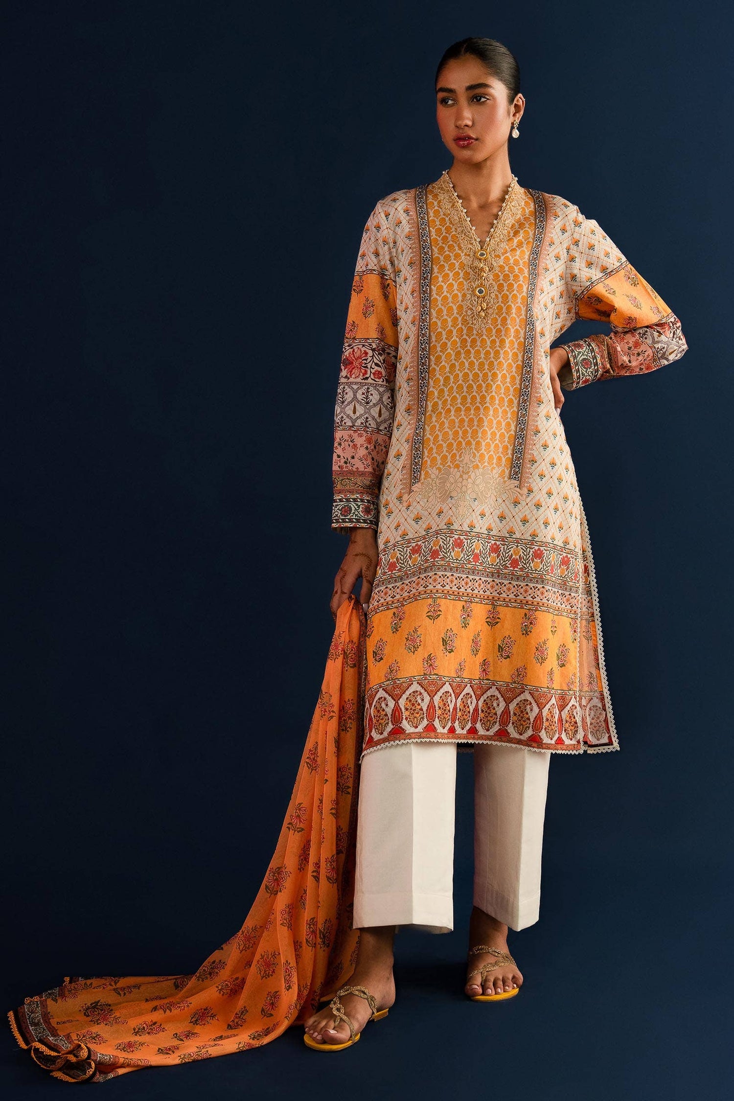 Sana Safinaz 3 Piece Custom Stitched Suit - Yellow - LB286879