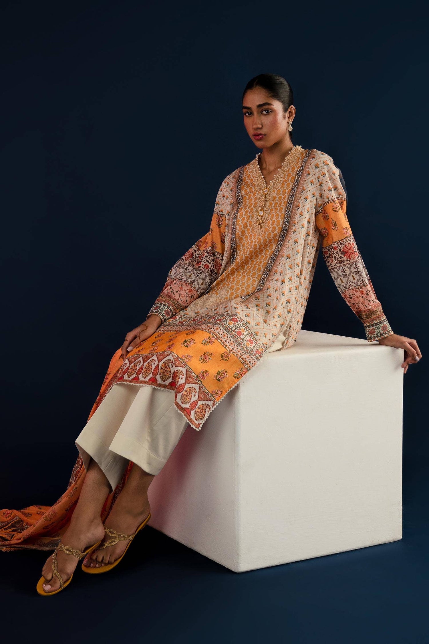 Sana Safinaz 3 Piece Custom Stitched Suit - Yellow - LB286879