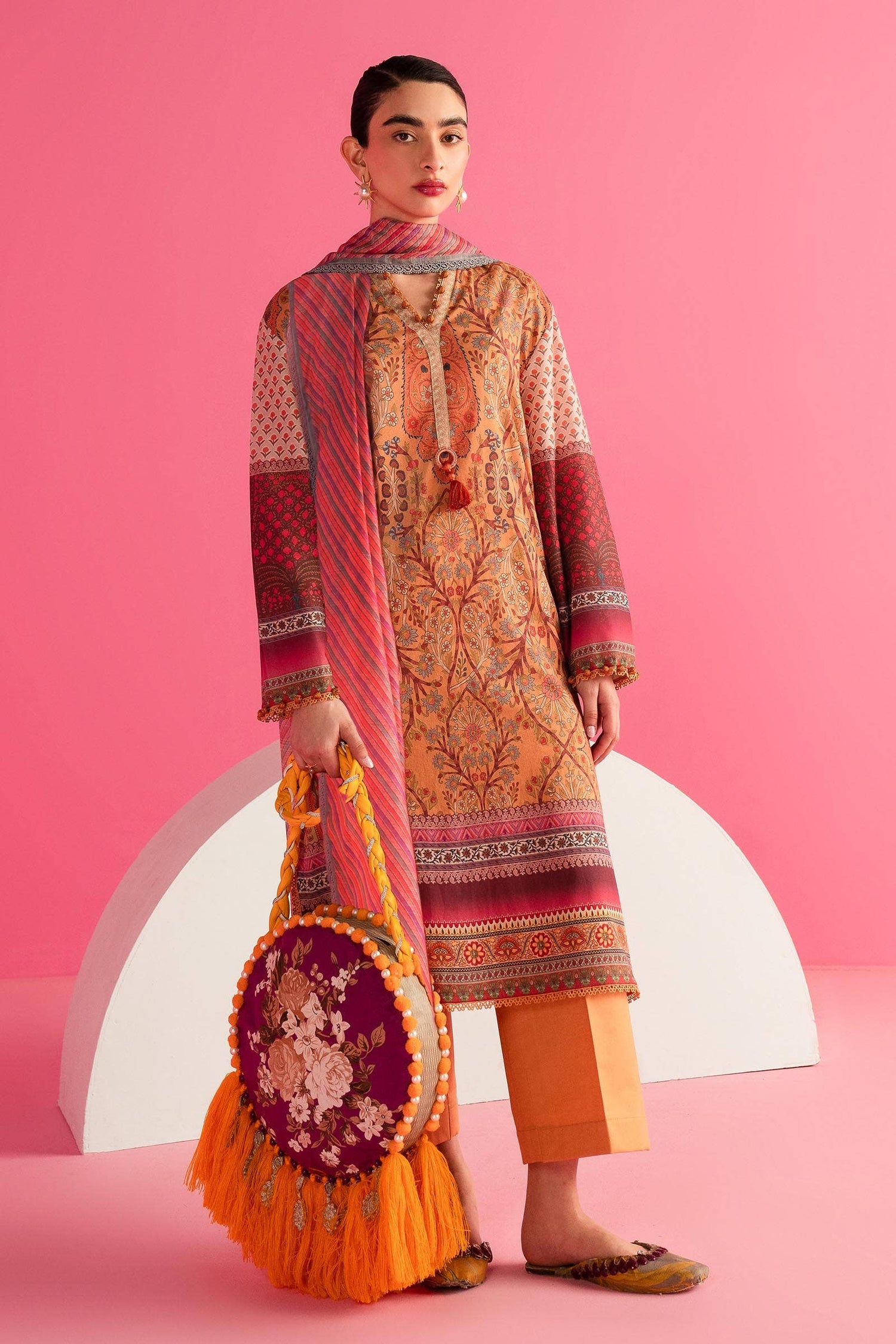 Sana Safinaz 3 Piece Custom Stitched Suit - Peach - LB286882