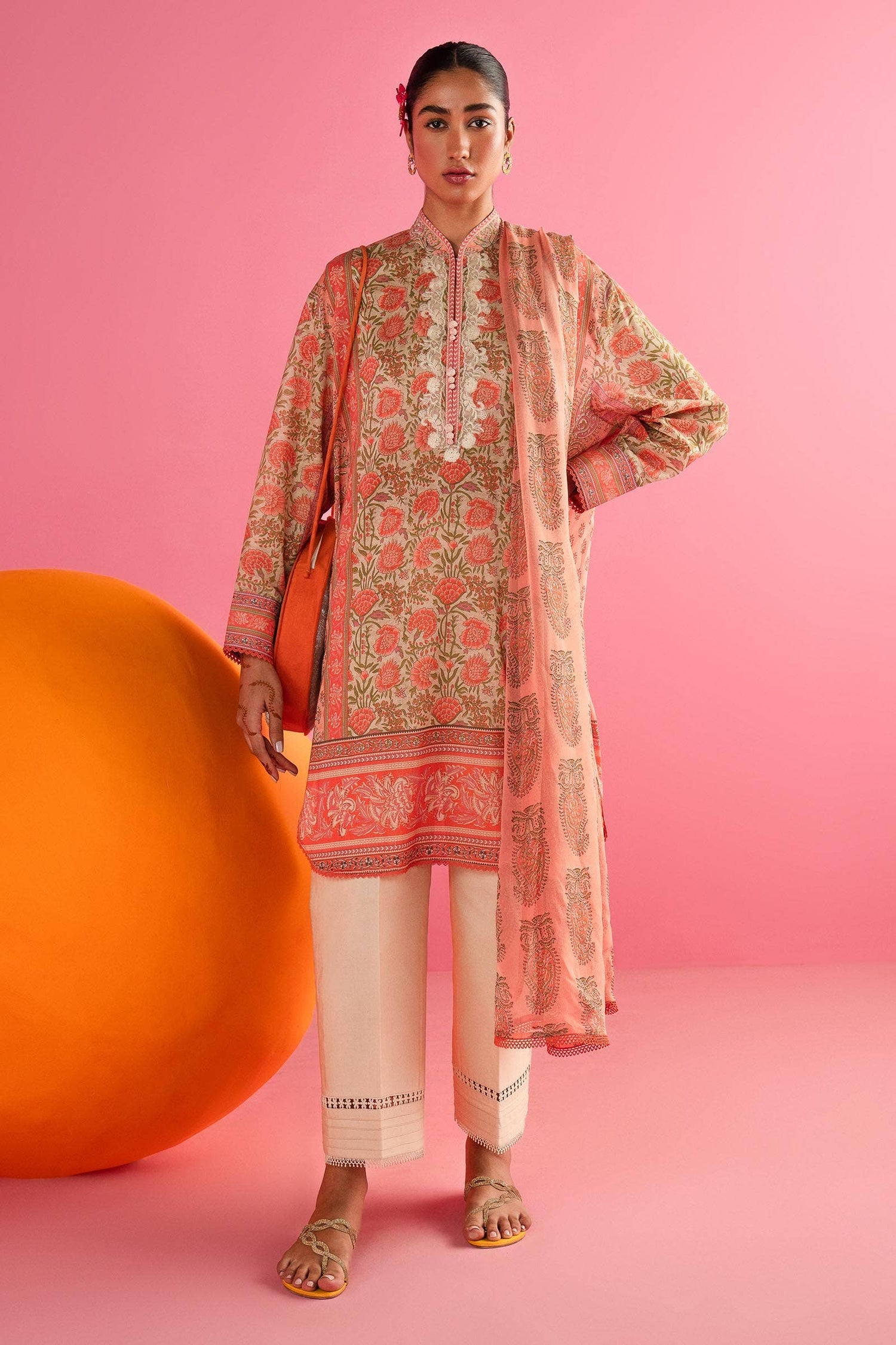 Sana Safinaz 3 Piece Custom Stitched Suit - Pink - LB286886