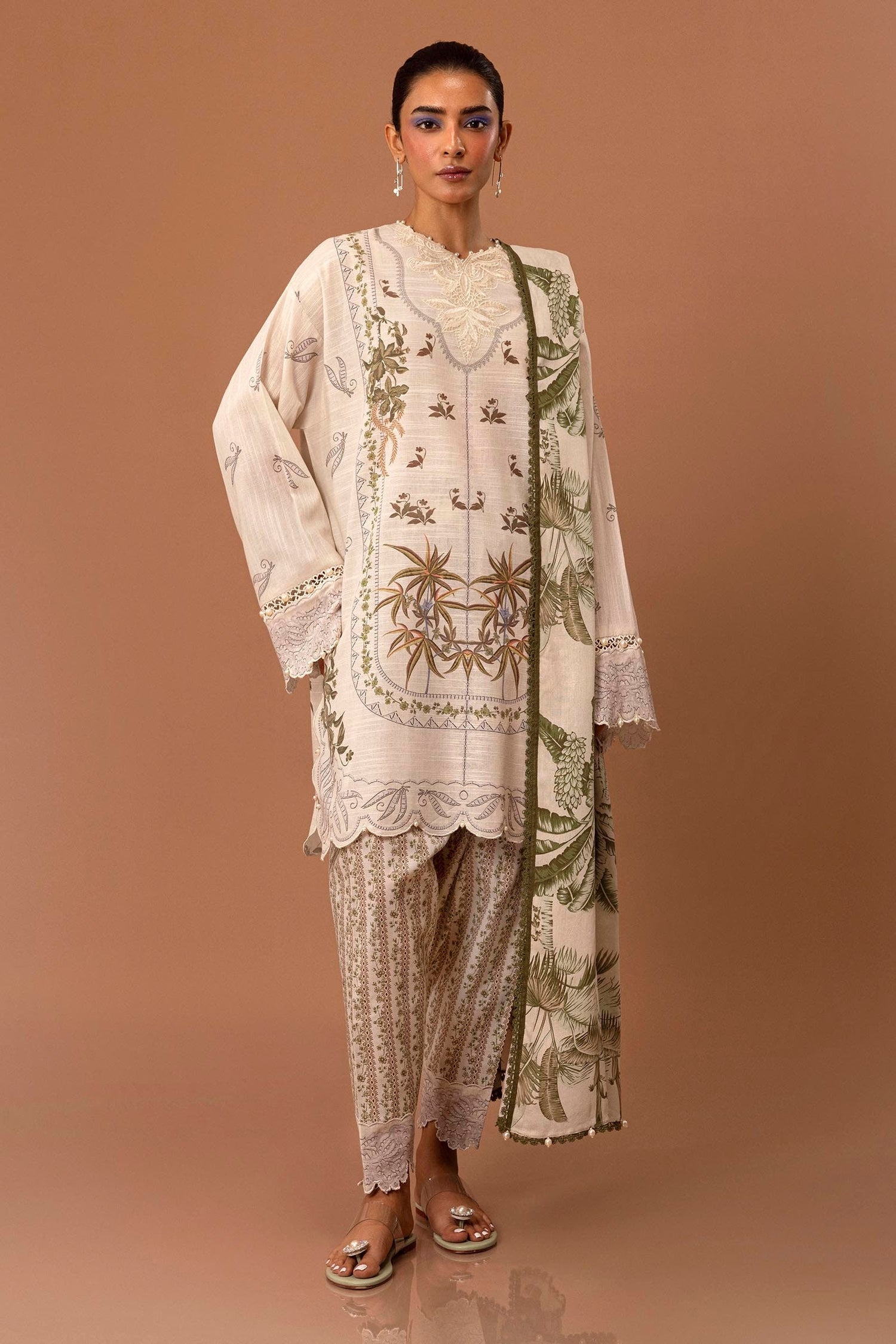 Sana Safinaz 3 Piece Custom Stitched Suit - Off-White - LB288068