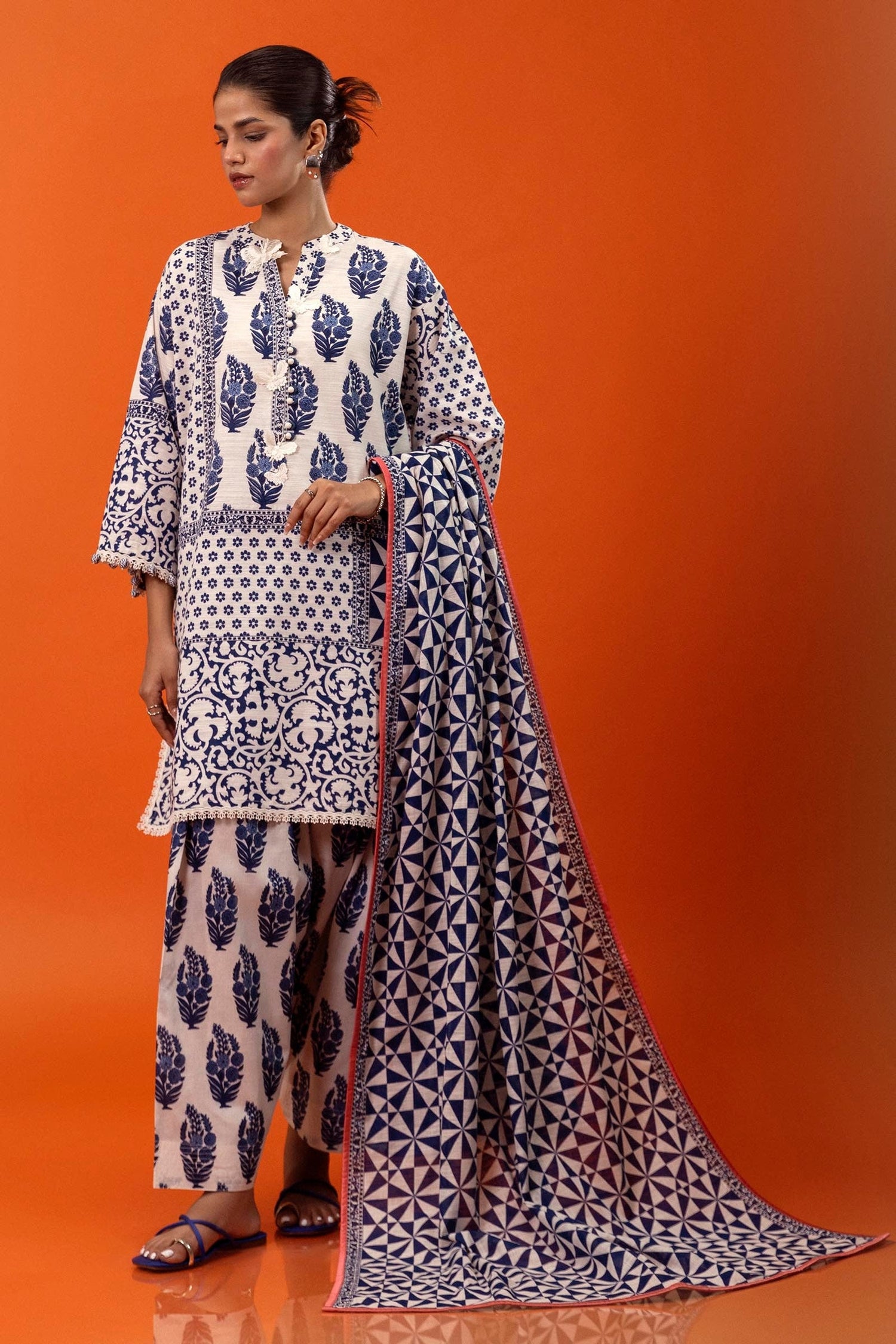 Sana Safinaz 3 Piece Custom Stitched Suit - Blue - LB288033