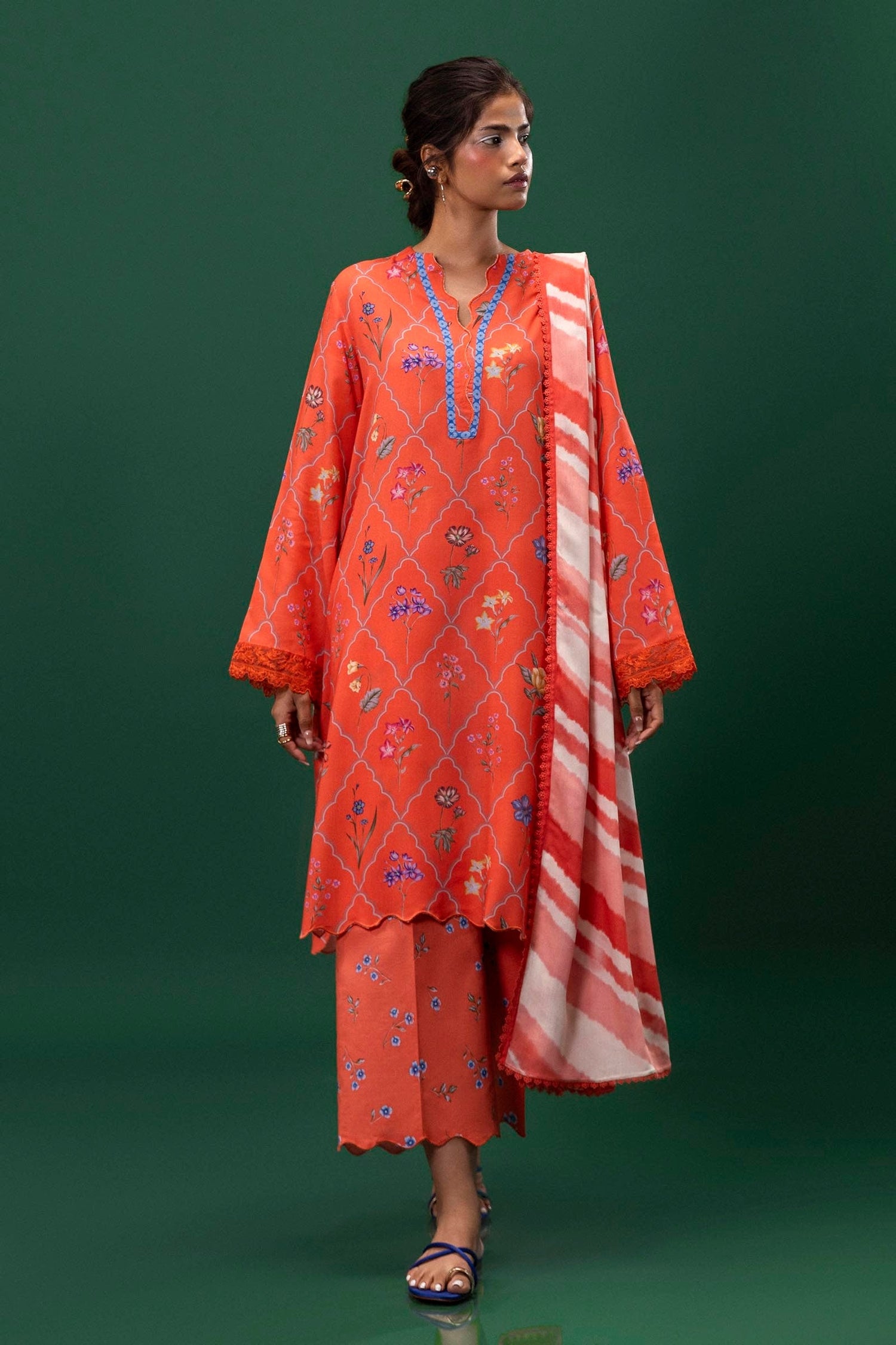 Sana Safinaz 3 Piece Custom Stitched Suit - Orange - LB288061