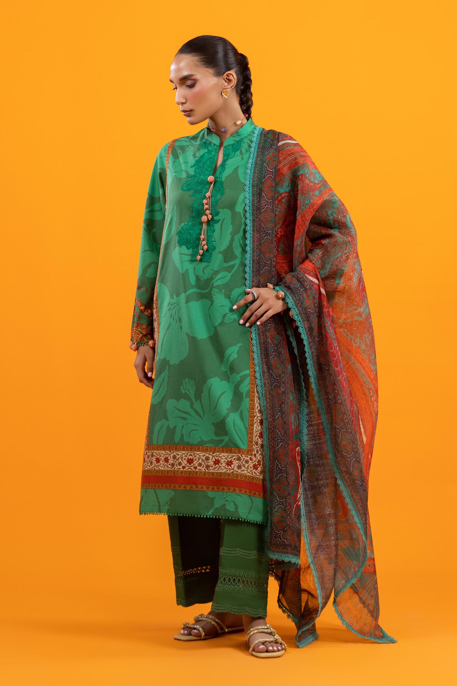 Sana Safinaz 3 Piece Custom Stitched Suit - Green - LB30615
