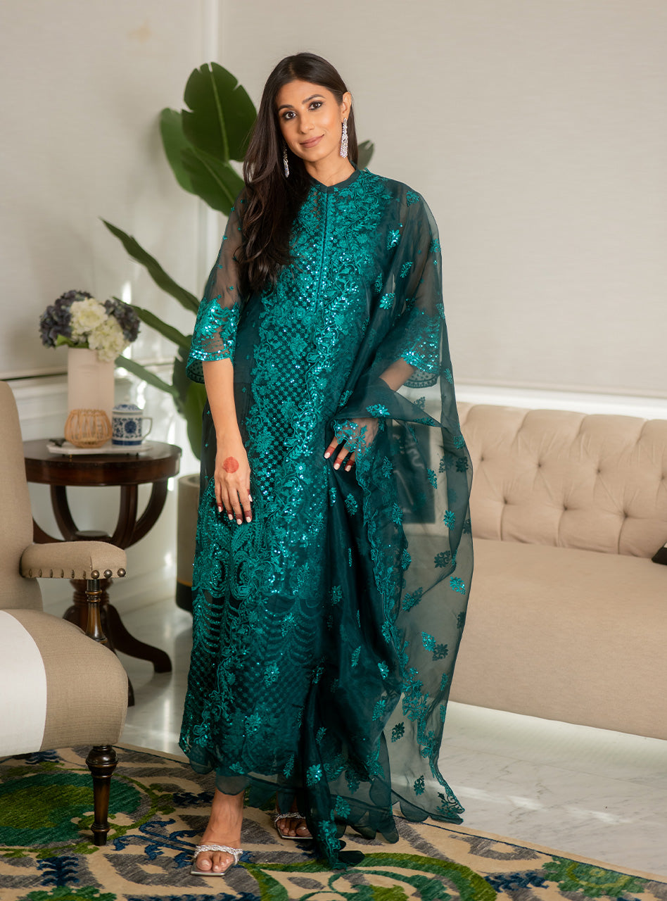 Libasco Zainab Chottani 3 Piece Custom Stitched Suit - Green - LB288924