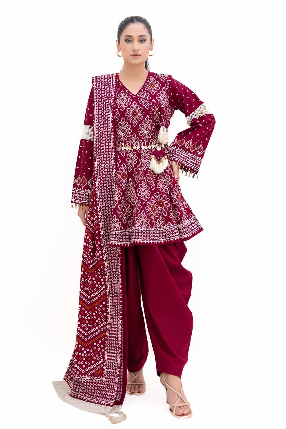 Gul Ahmed 3 Piece Custom Stitched Suit - Maroon - LB288014