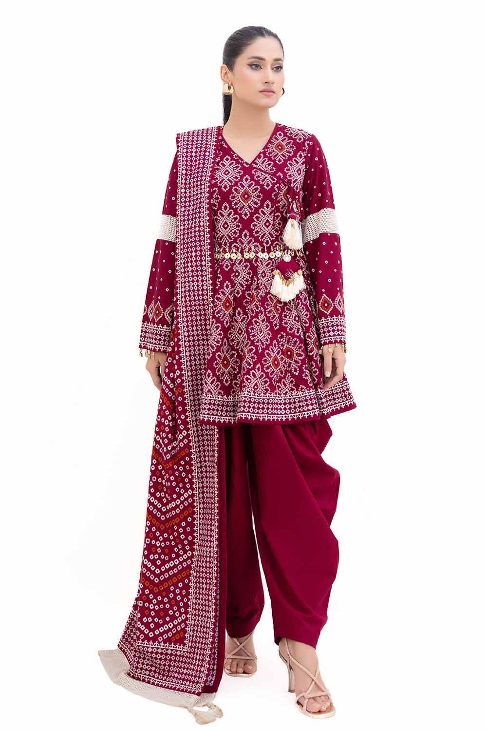 Gul Ahmed 3 Piece Custom Stitched Suit - Maroon - LB288014