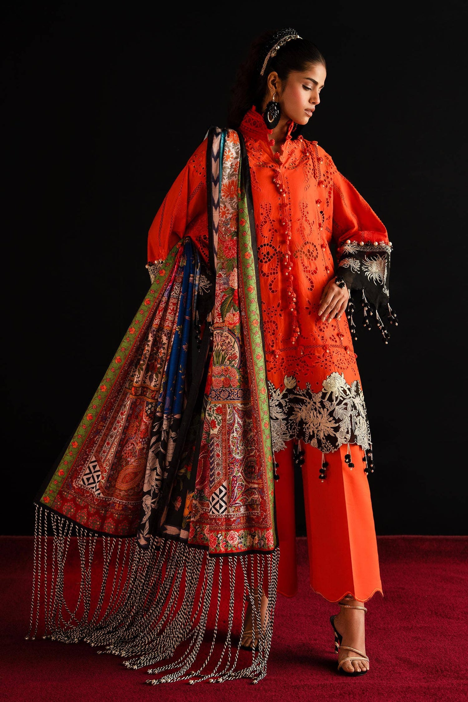 Sana Safinaz 3 Piece Custom Stitched Suit - Orange - LB286575