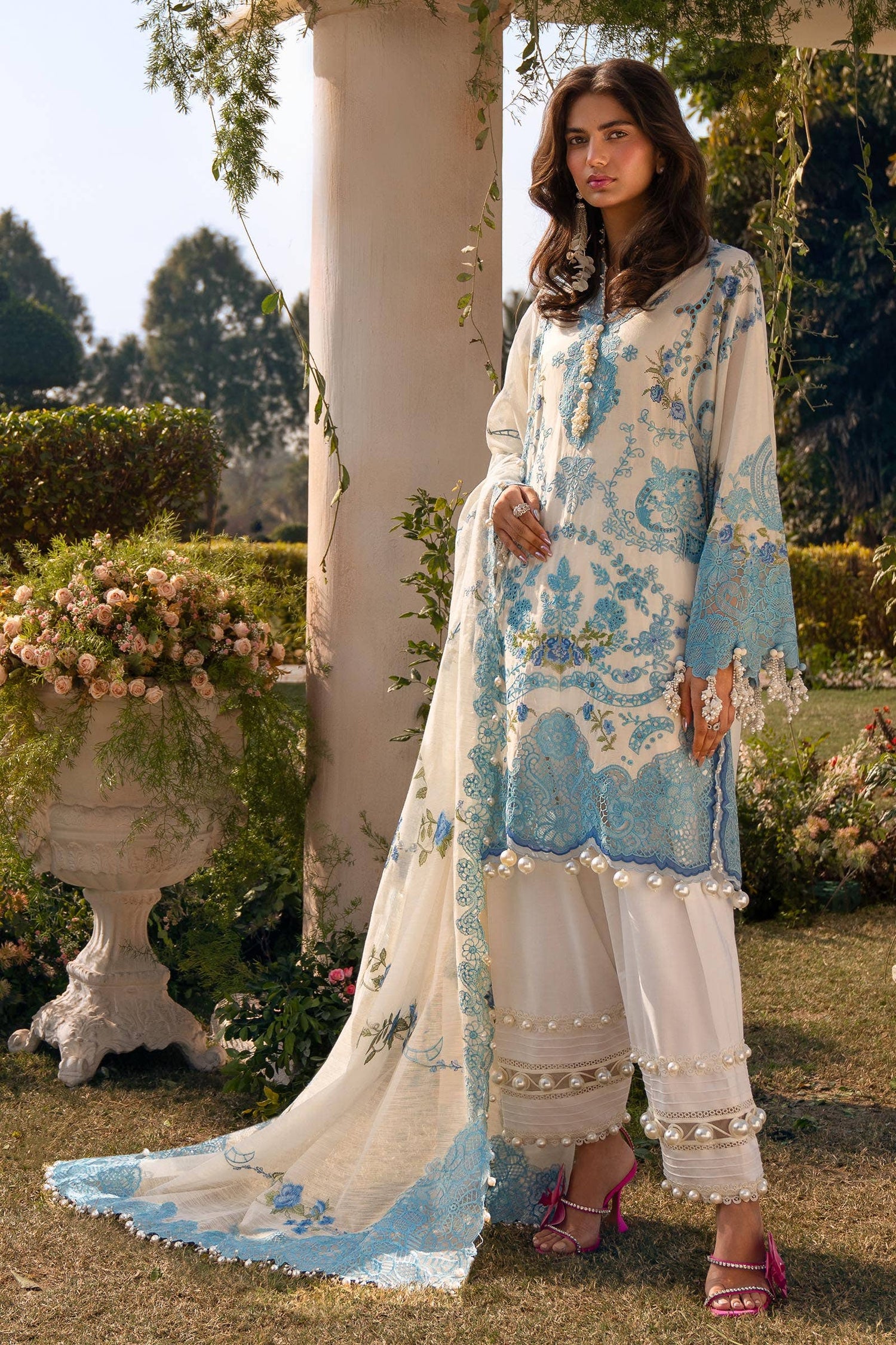 Sana Safinaz 3 Piece Custom Stitched Suit - Off-White - LB286579