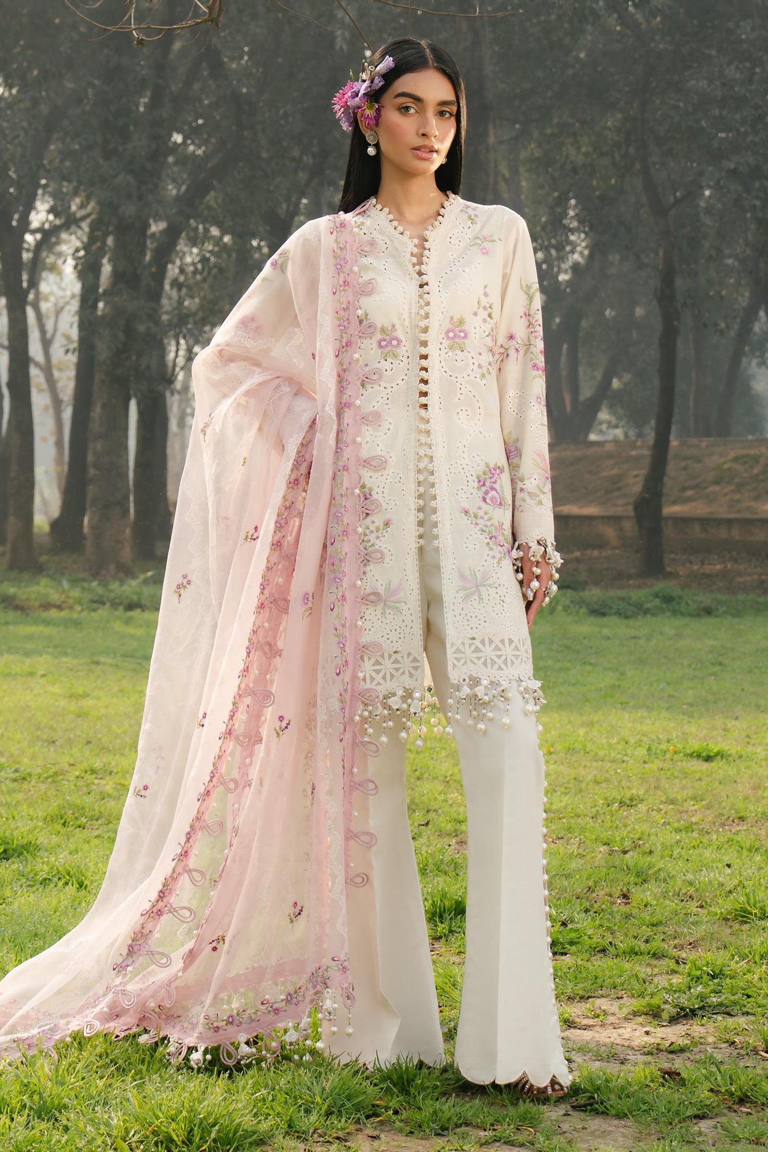 Sana Safinaz 3 Piece Custom Stitched Suit - Off-White - LB29561