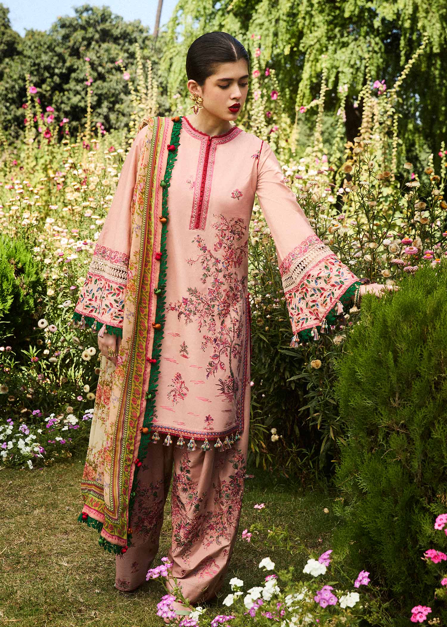 Hussain Rehar 3 Piece Custom Stitched Suit - Pink - LB286753