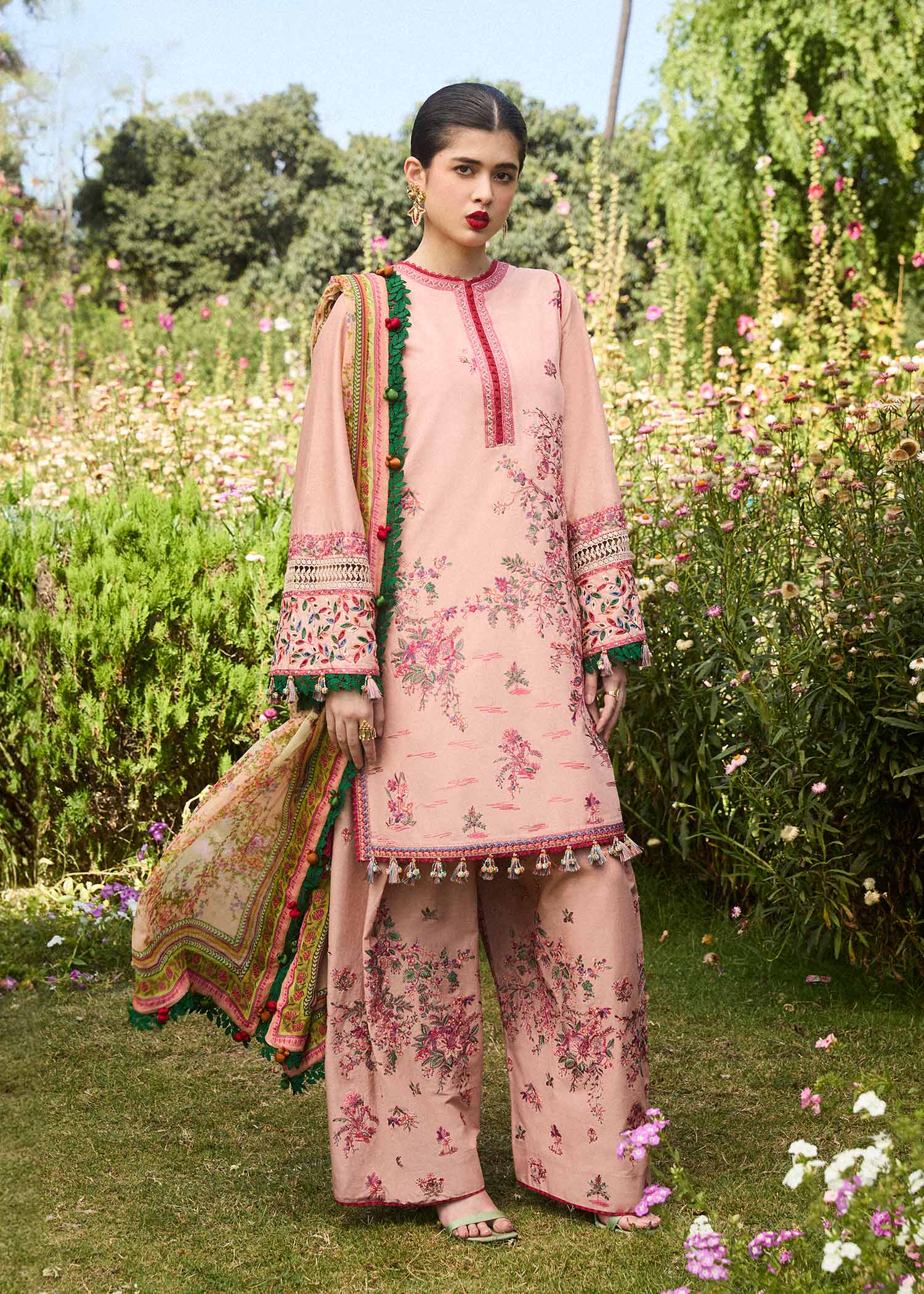 Hussain Rehar 3 Piece Custom Stitched Suit - Pink - LB286753