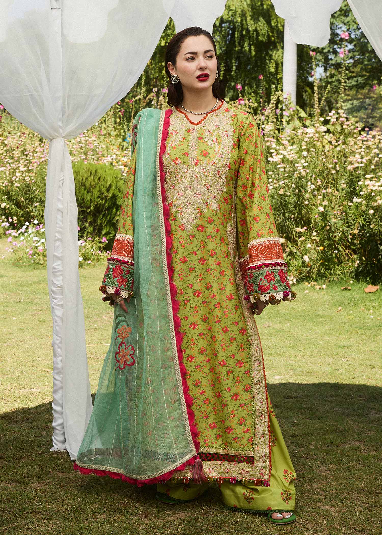 Hussain Rehar 3 Piece Custom Stitched Suit - Green - LB286754