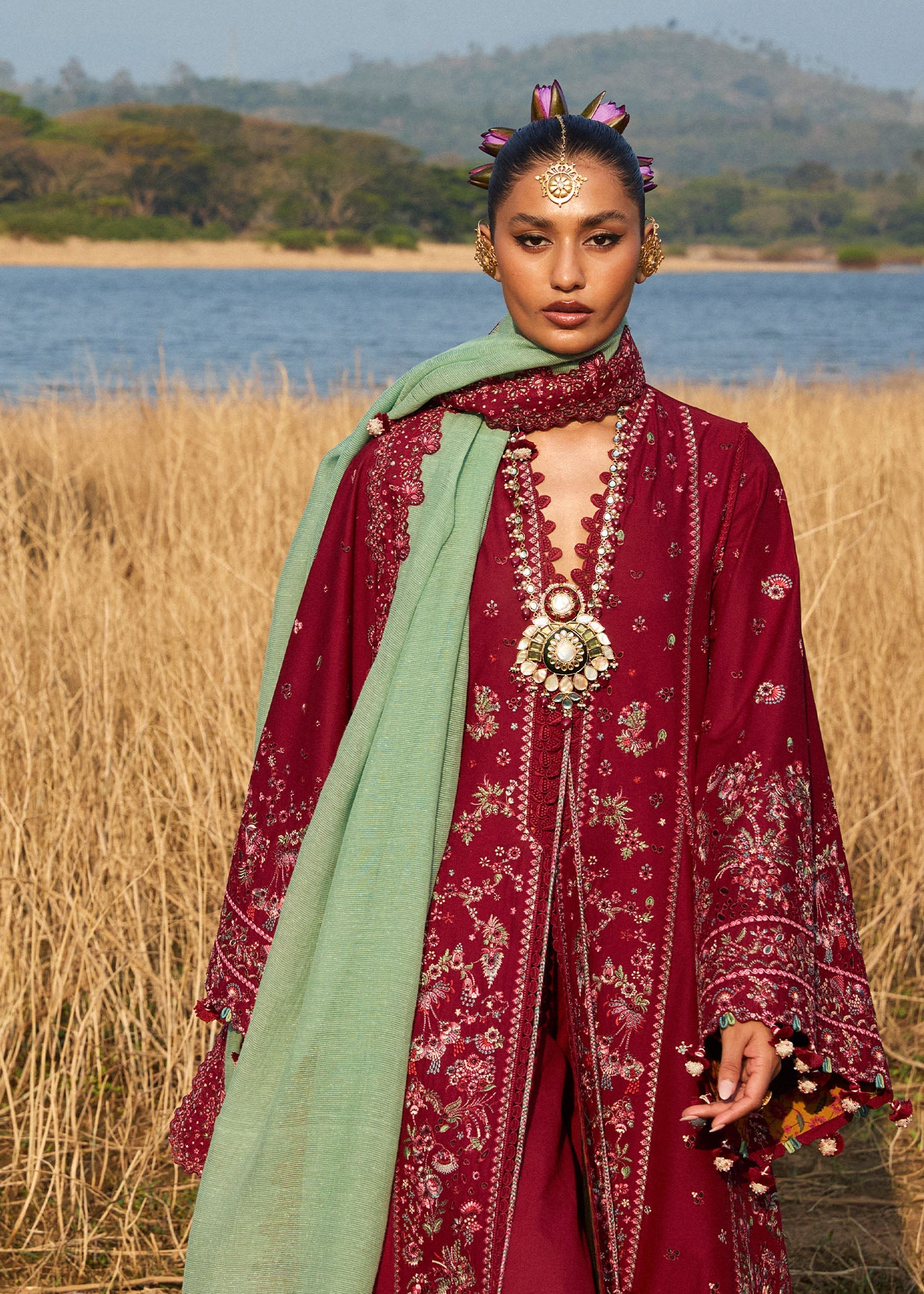 Hussain Rehar 3 Piece Custom Stitched Suit - Maroon - LB29763