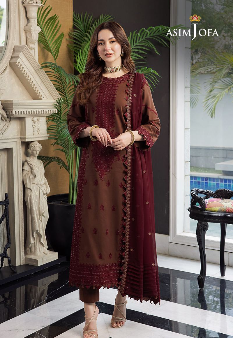 Asim Jofa 3 Piece Custom Stitched Suit - Brown - LB284964