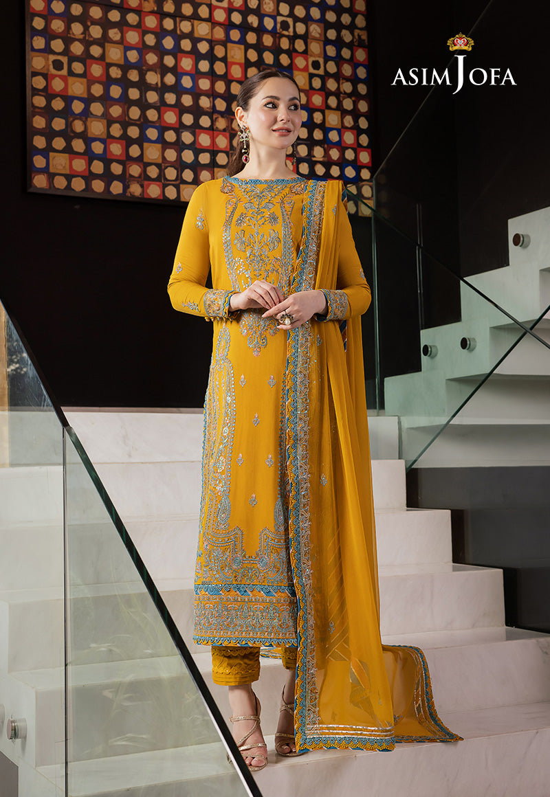 Asim Jofa 3 Piece Custom Stitched Suit - Yellow - LB284968