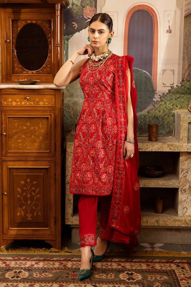 Gul Ahmed 3 Piece Custom Stitched Suit - Red - LB286298