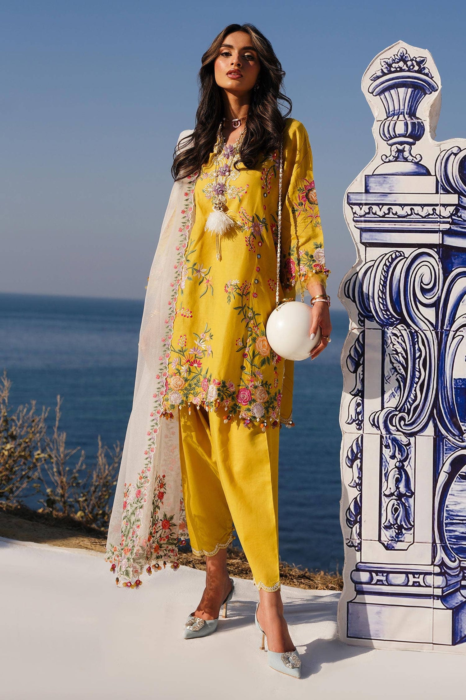 Sana Safinaz 3 Piece Custom Stitched Suit - Yellow - LB285986