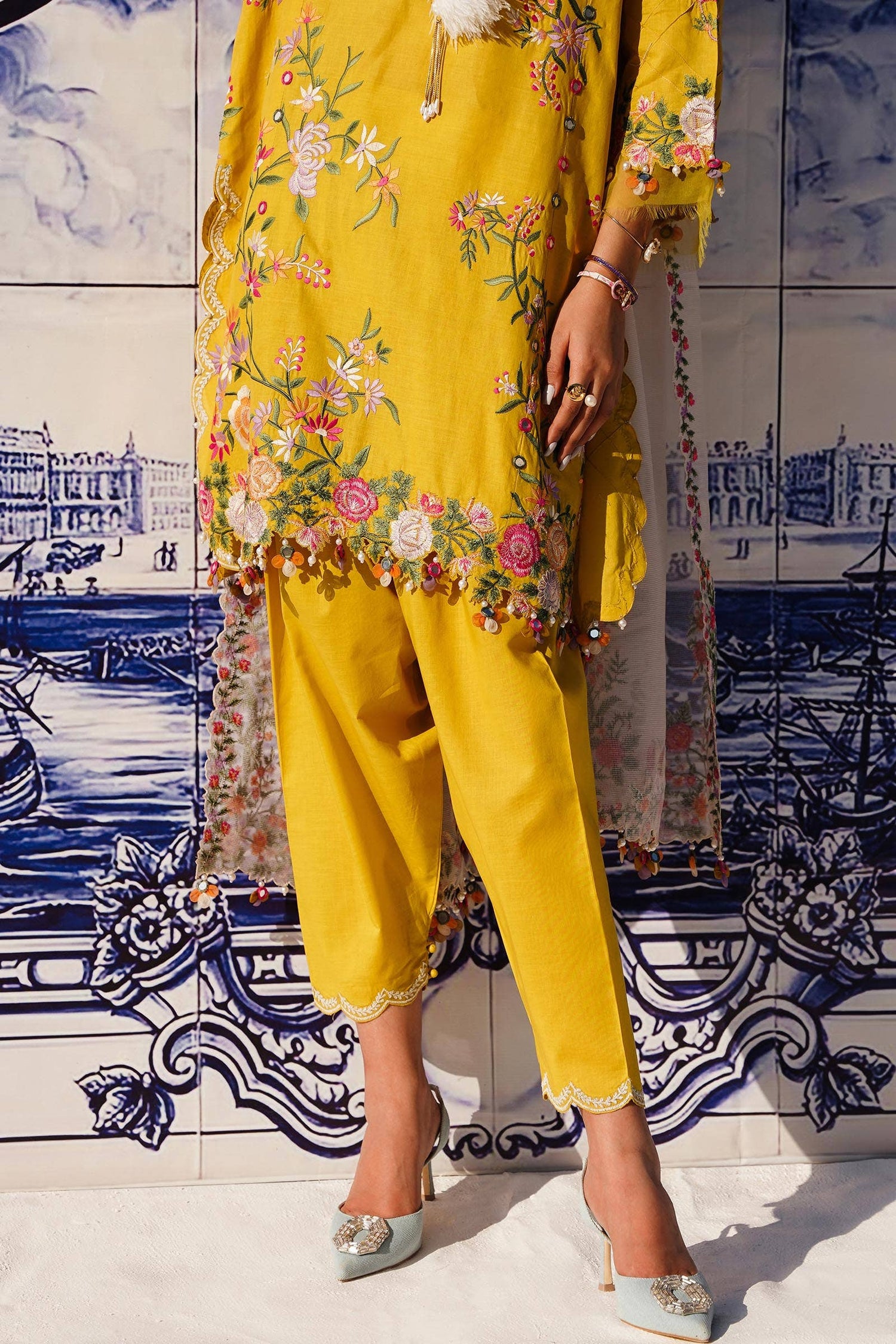 Sana Safinaz 3 Piece Custom Stitched Suit - Yellow - LB285986