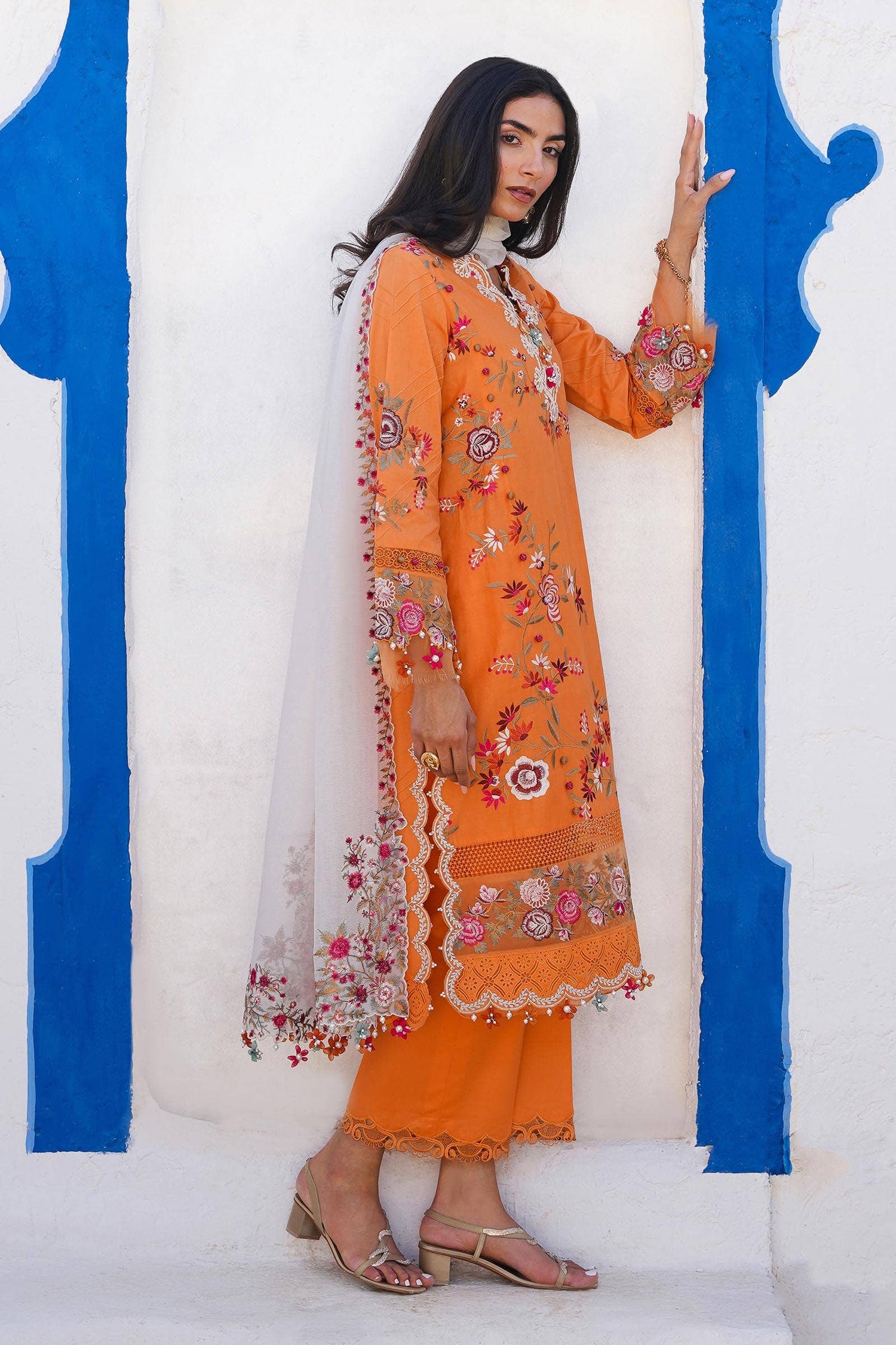 Sana Safinaz 3 Piece Custom Stitched Suit - Orange - LB285987