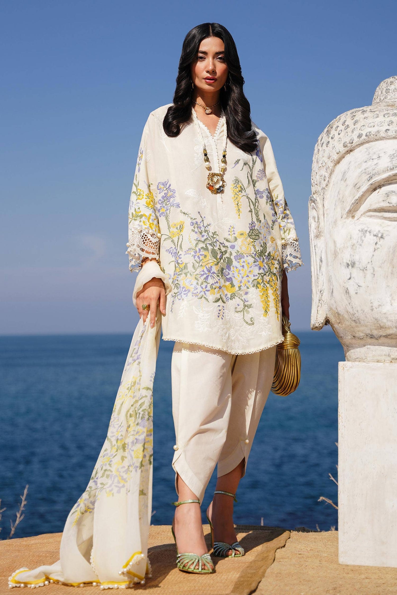 Sana Safinaz 3 Piece Custom Stitched Suit - Off-White - LB285994