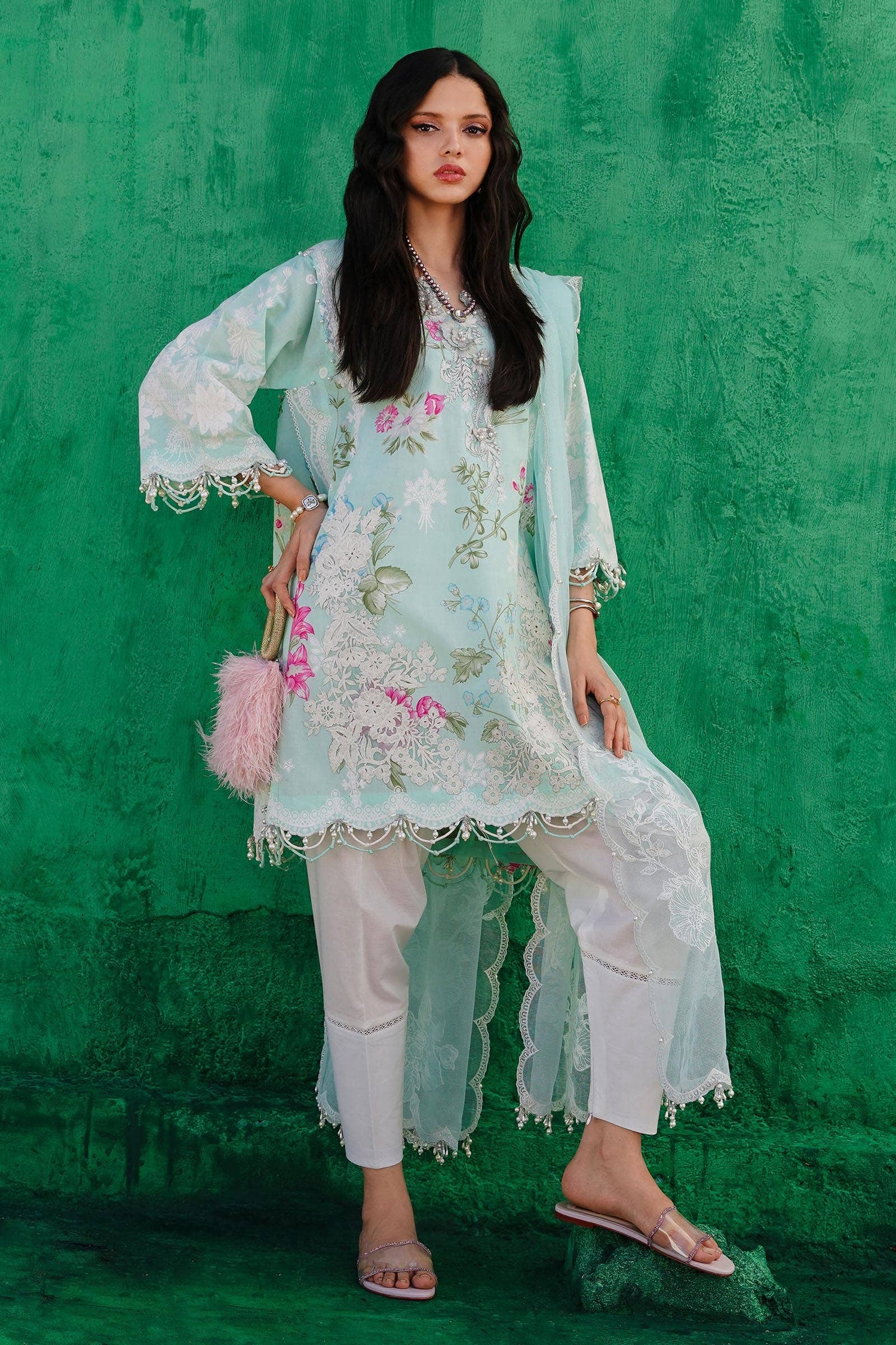 Sana Safinaz 3 Piece Custom Stitched Suit - Aqua - LB286004