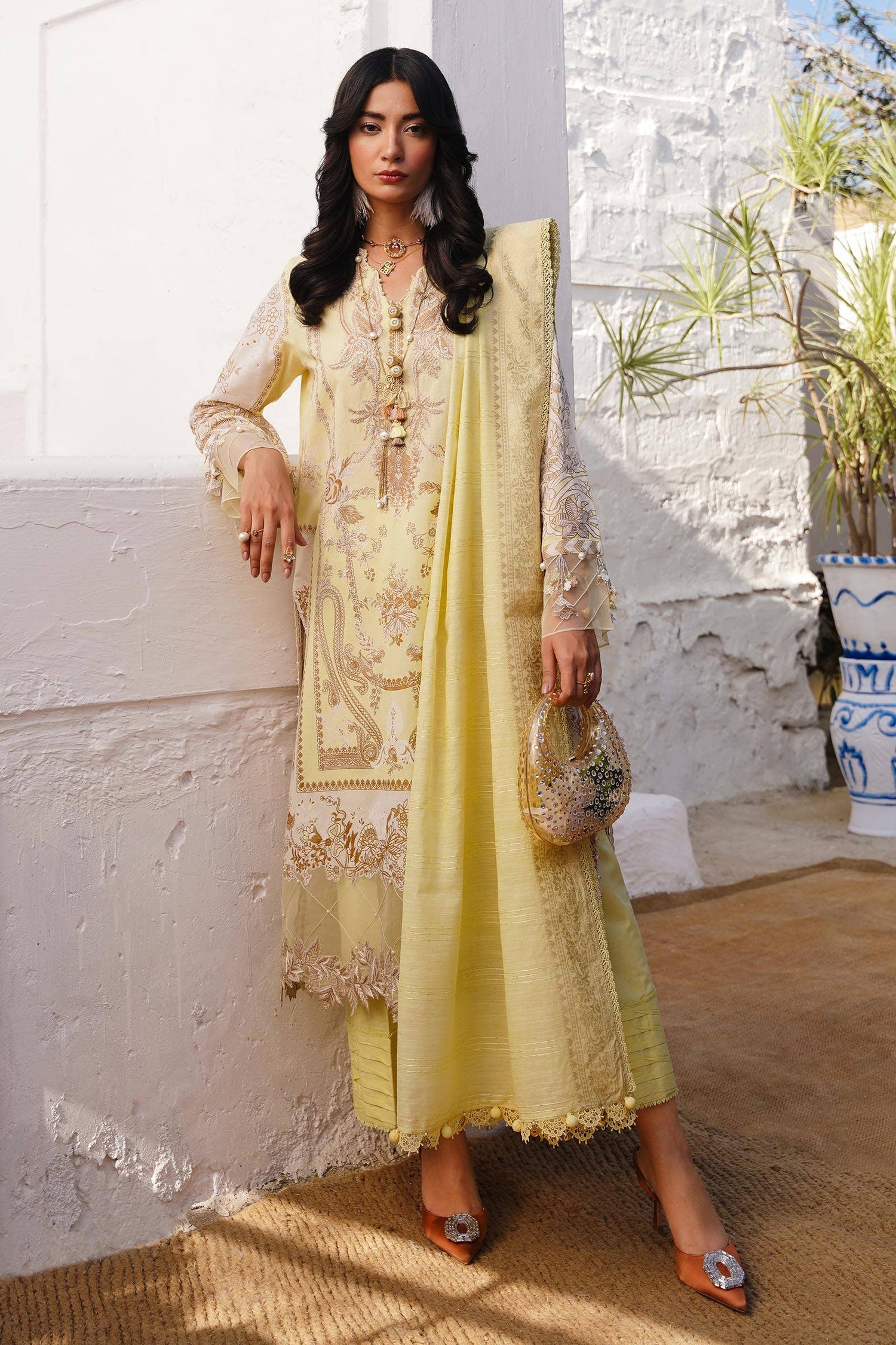 Sana Safinaz 3 Piece Custom Stitched Suit - Yellow - LB286017