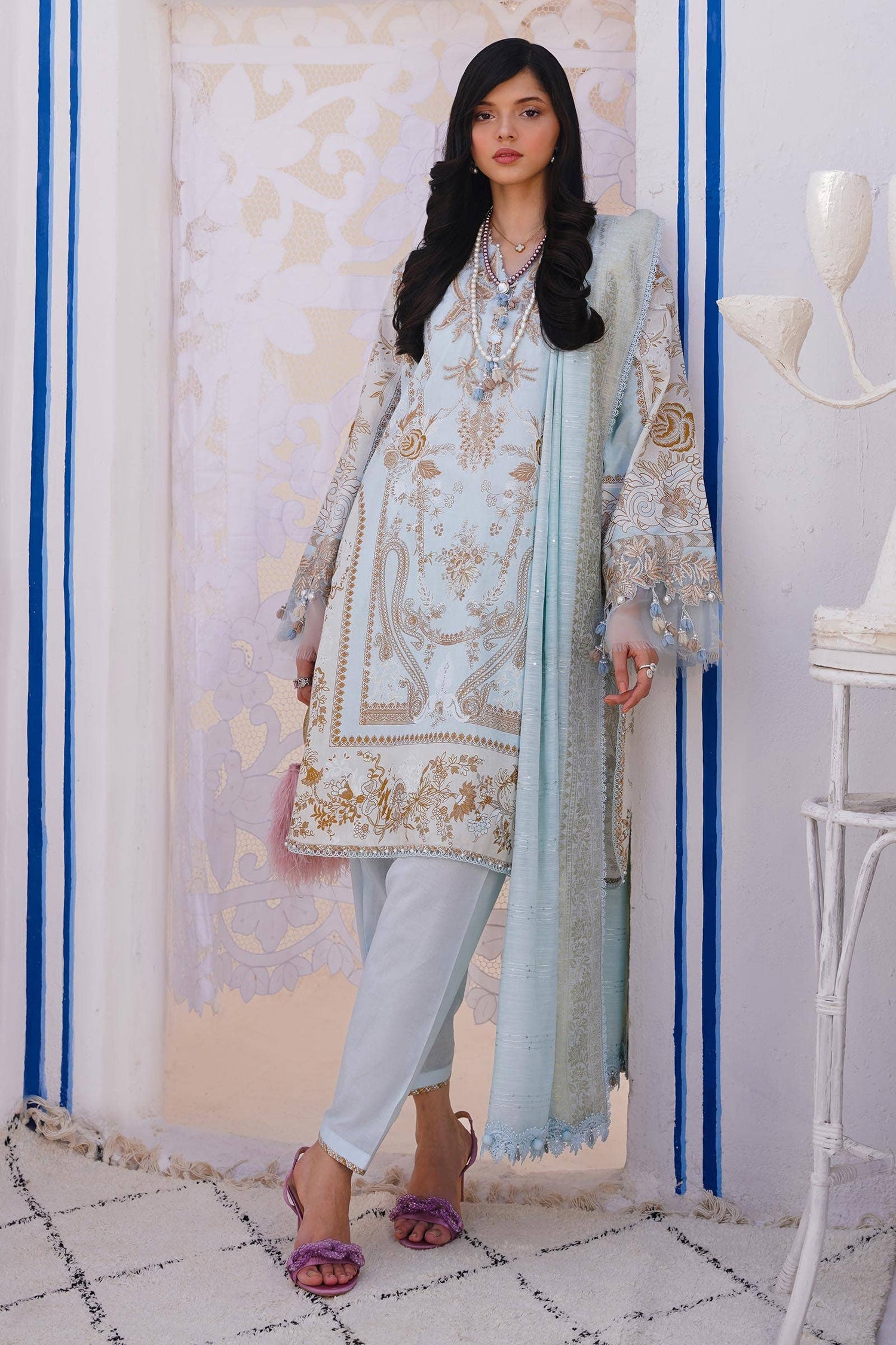 Sana Safinaz 3 Piece Custom Stitched Suit - Blue - LB286018