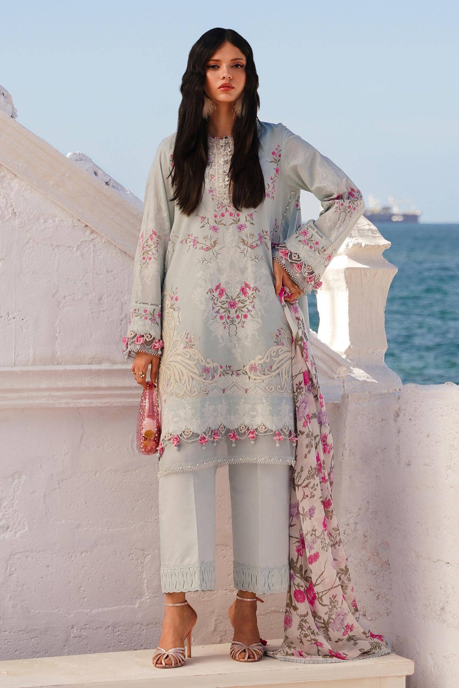 Sana Safinaz 3 Piece Custom Stitched Suit - Gray - LB286020