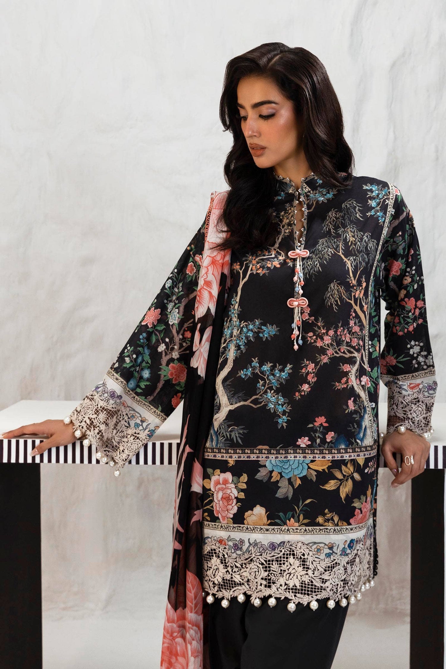 Sana Safinaz 3 Piece Custom Stitched Suit - Black - LB286808