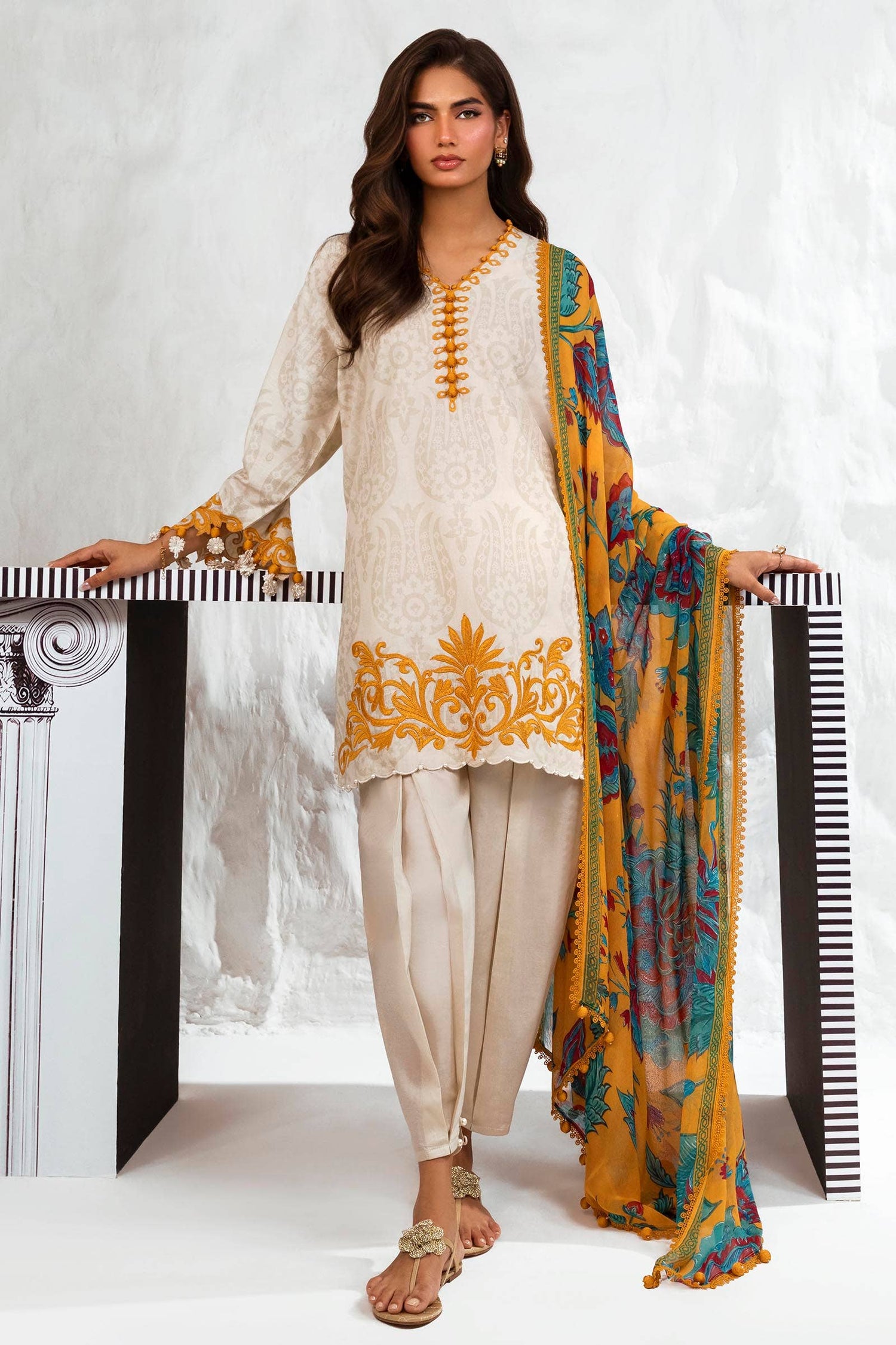 Sana Safinaz 3 Piece Custom Stitched Suit - Beige - LB286811