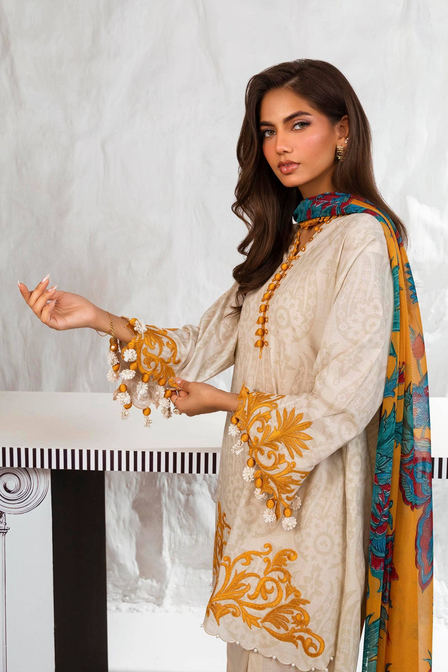 Sana Safinaz 3 Piece Custom Stitched Suit - Beige - LB286811