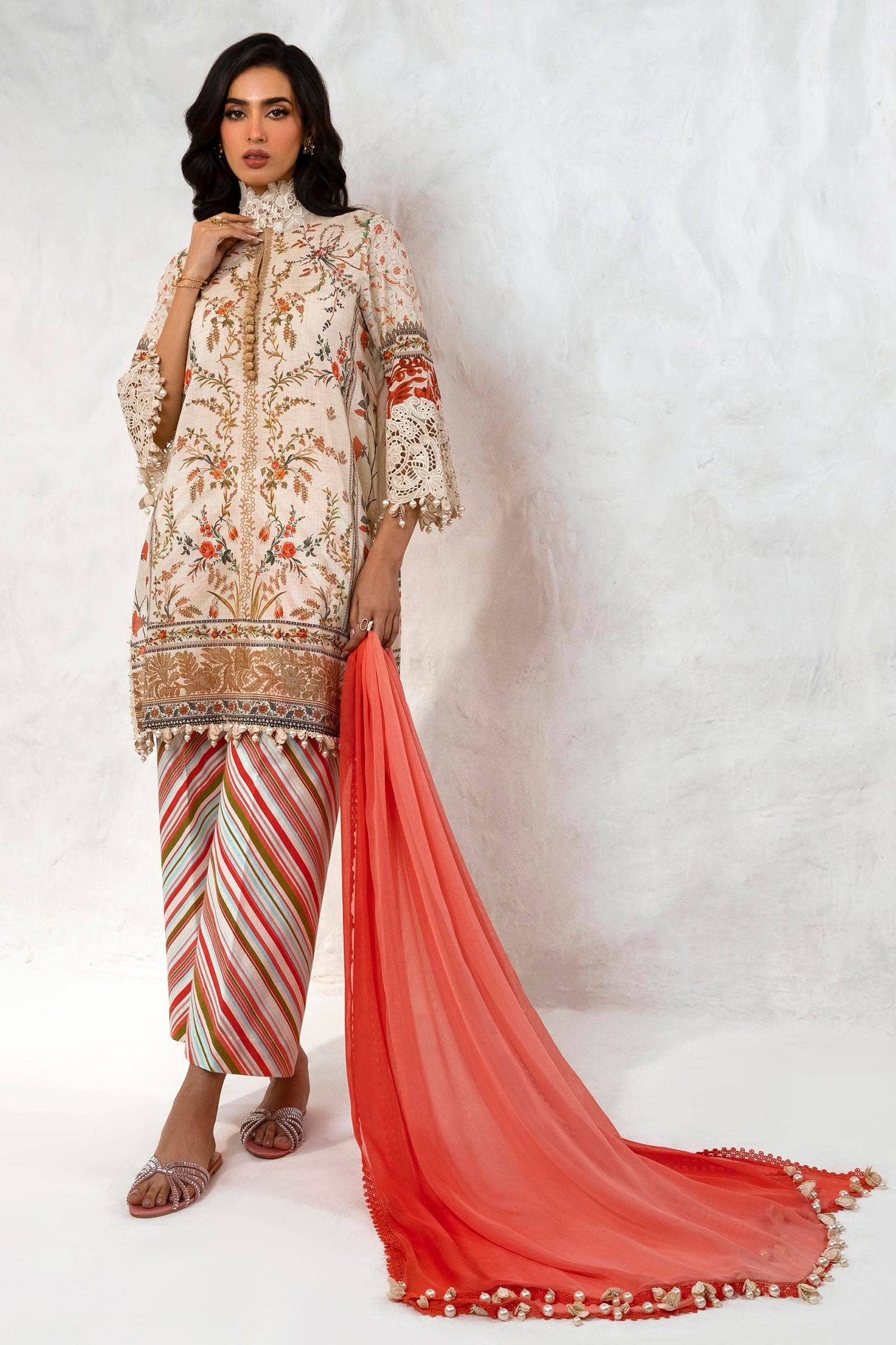 Sana Safinaz 3 Piece Custom Stitched Suit - Beige - LB286814