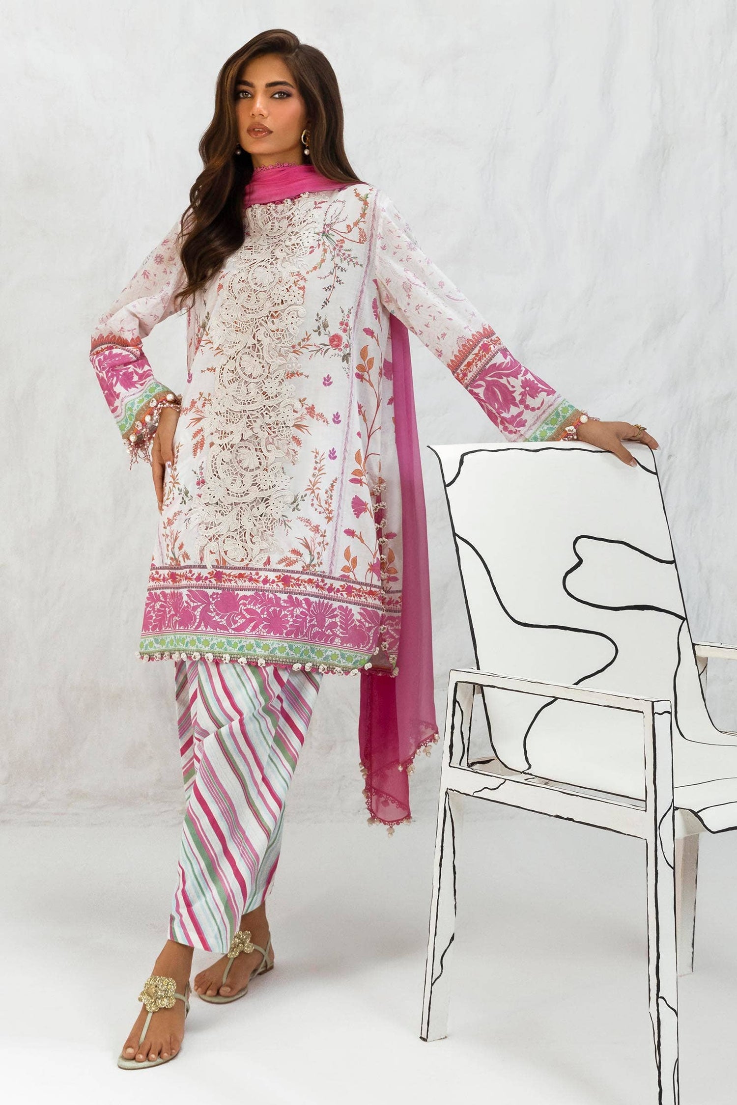 Sana Safinaz 3 Piece Custom Stitched Suit - Off-White - LB286815