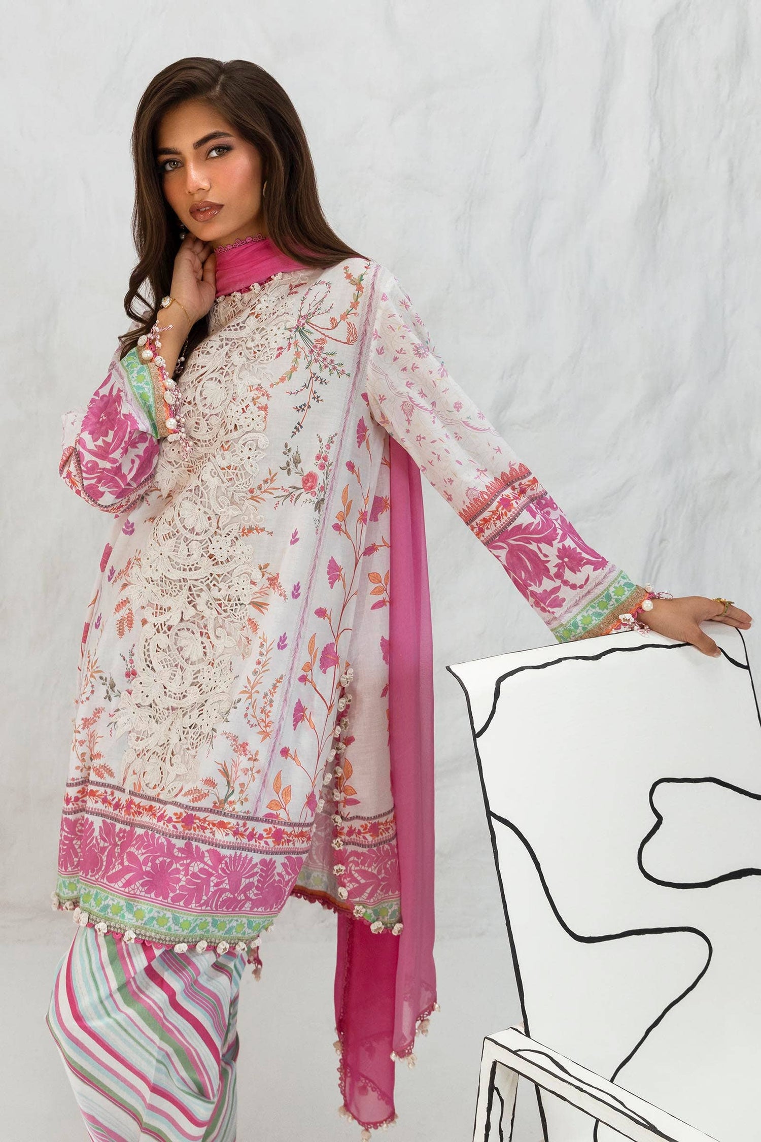 Sana Safinaz 3 Piece Custom Stitched Suit - Off-White - LB286815