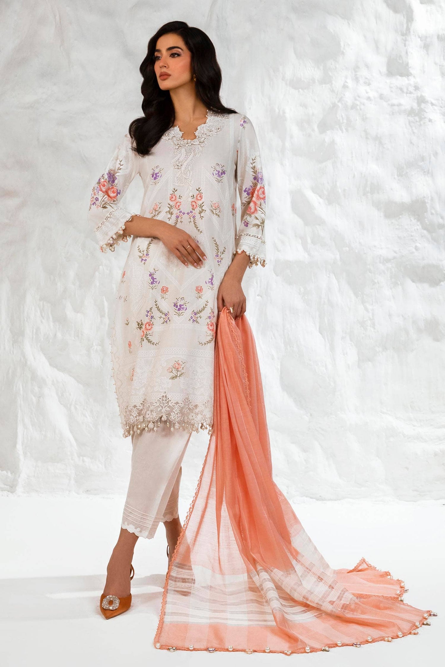 Sana Safinaz 3 Piece Custom Stitched Suit - Off-White - LB286818