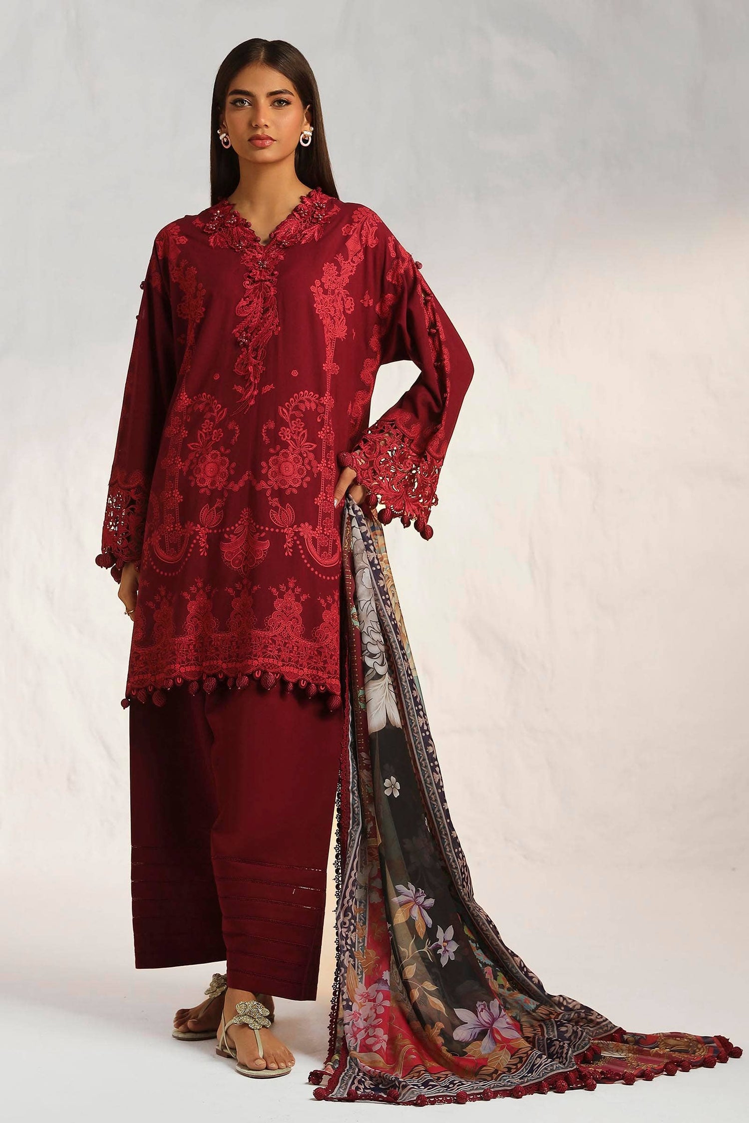 Sana Safinaz 3 Piece Custom Stitched Suit - Maroon - LB286819