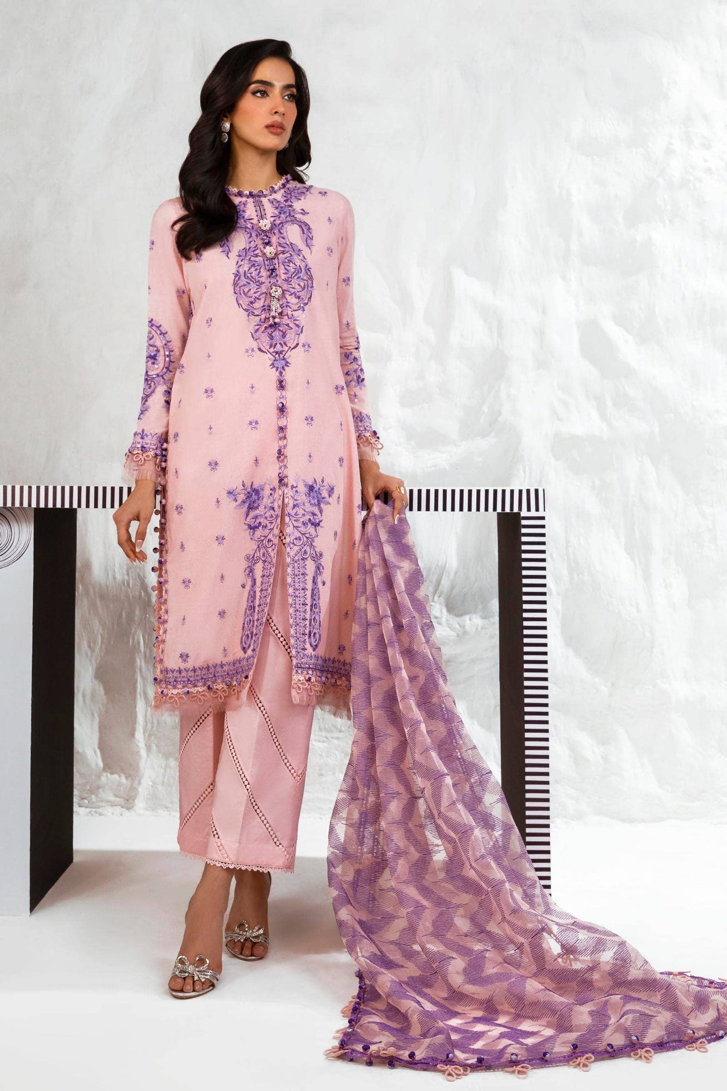 Sana Safinaz 3 Piece Custom Stitched Suit - Pink - LB286820