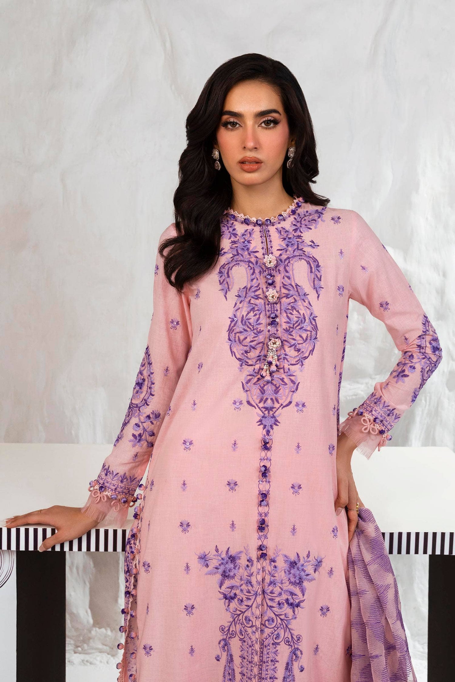 Sana Safinaz 3 Piece Custom Stitched Suit - Pink - LB286820