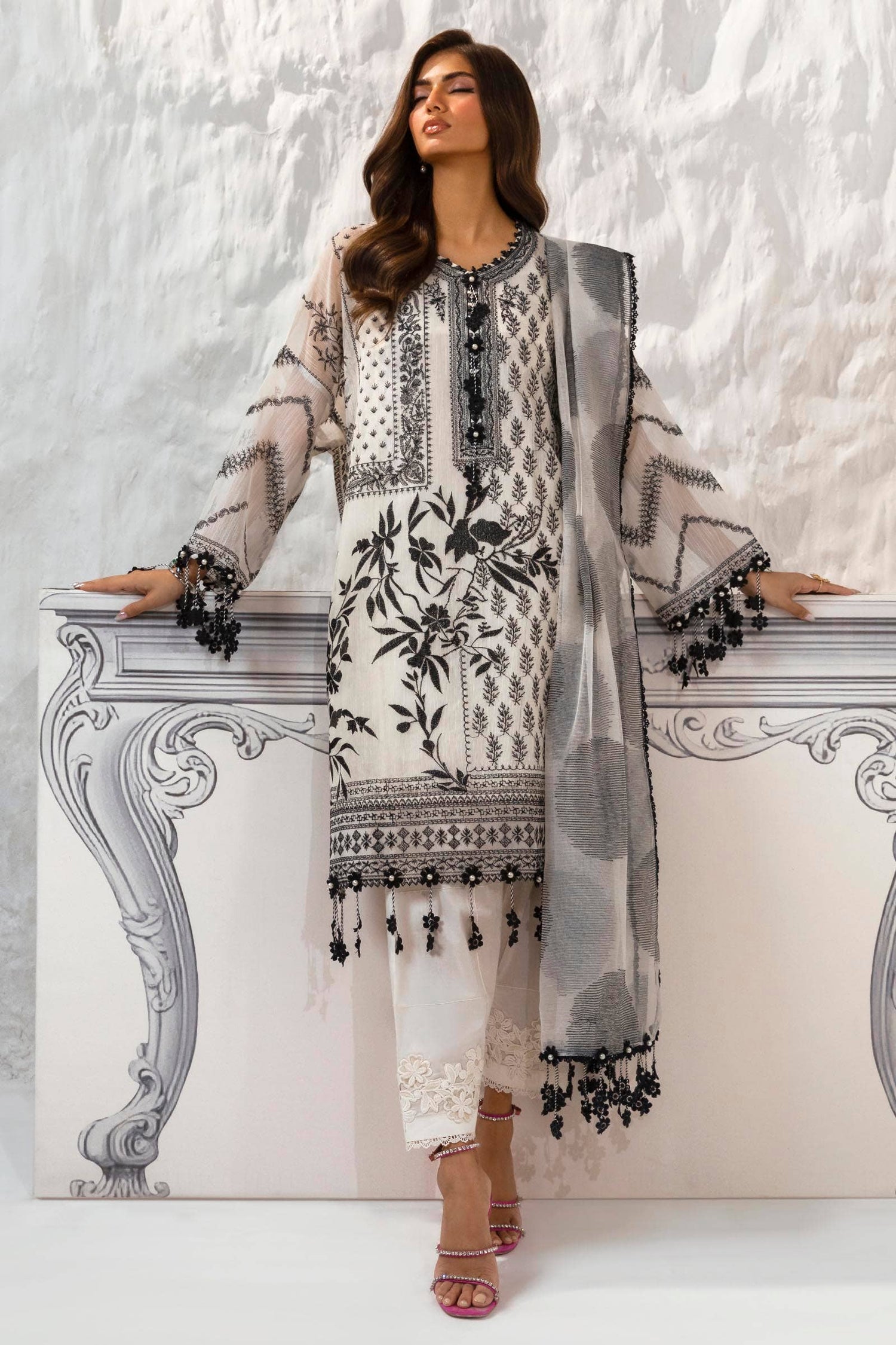 Sana Safinaz 3 Piece Custom Stitched Suit - Off-White - LB286822