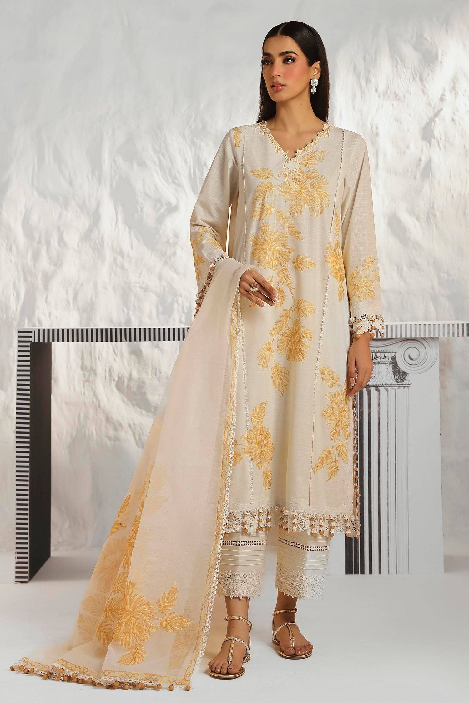 Sana Safinaz 3 Piece Custom Stitched Suit - Beige - LB286823