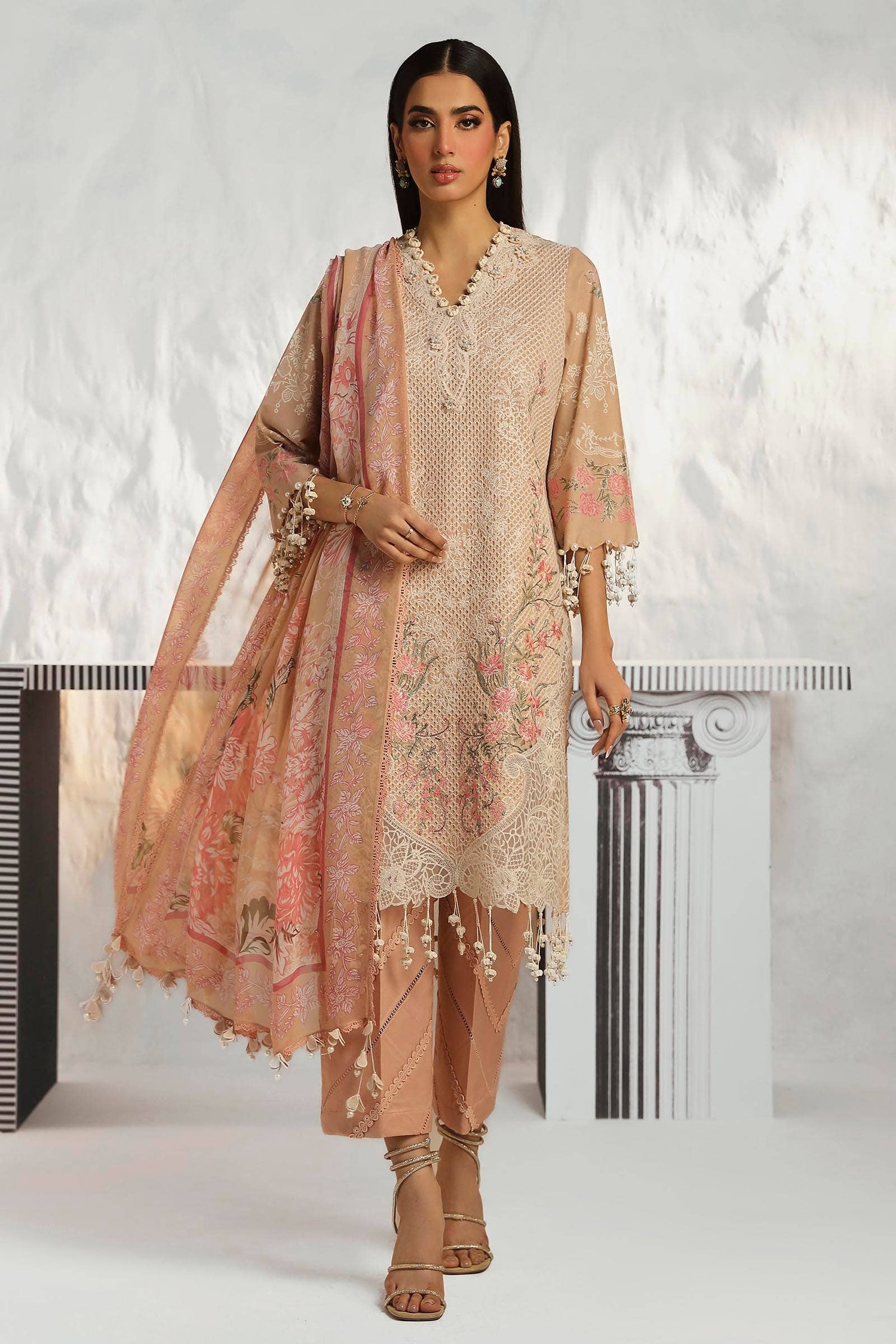 Sana Safinaz 3 Piece Custom Stitched Suit - Beige - LB286824