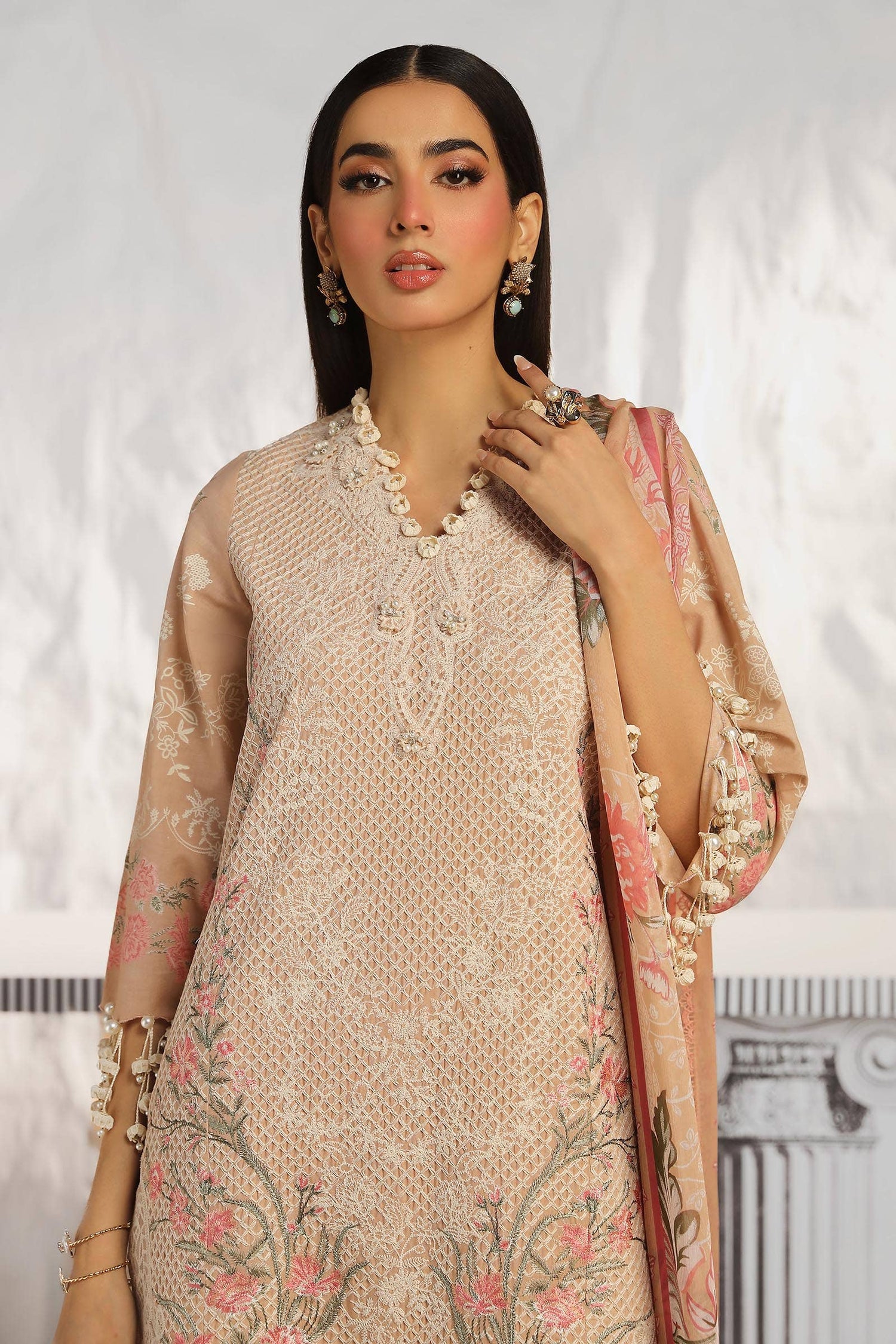 Sana Safinaz 3 Piece Custom Stitched Suit - Beige - LB286824