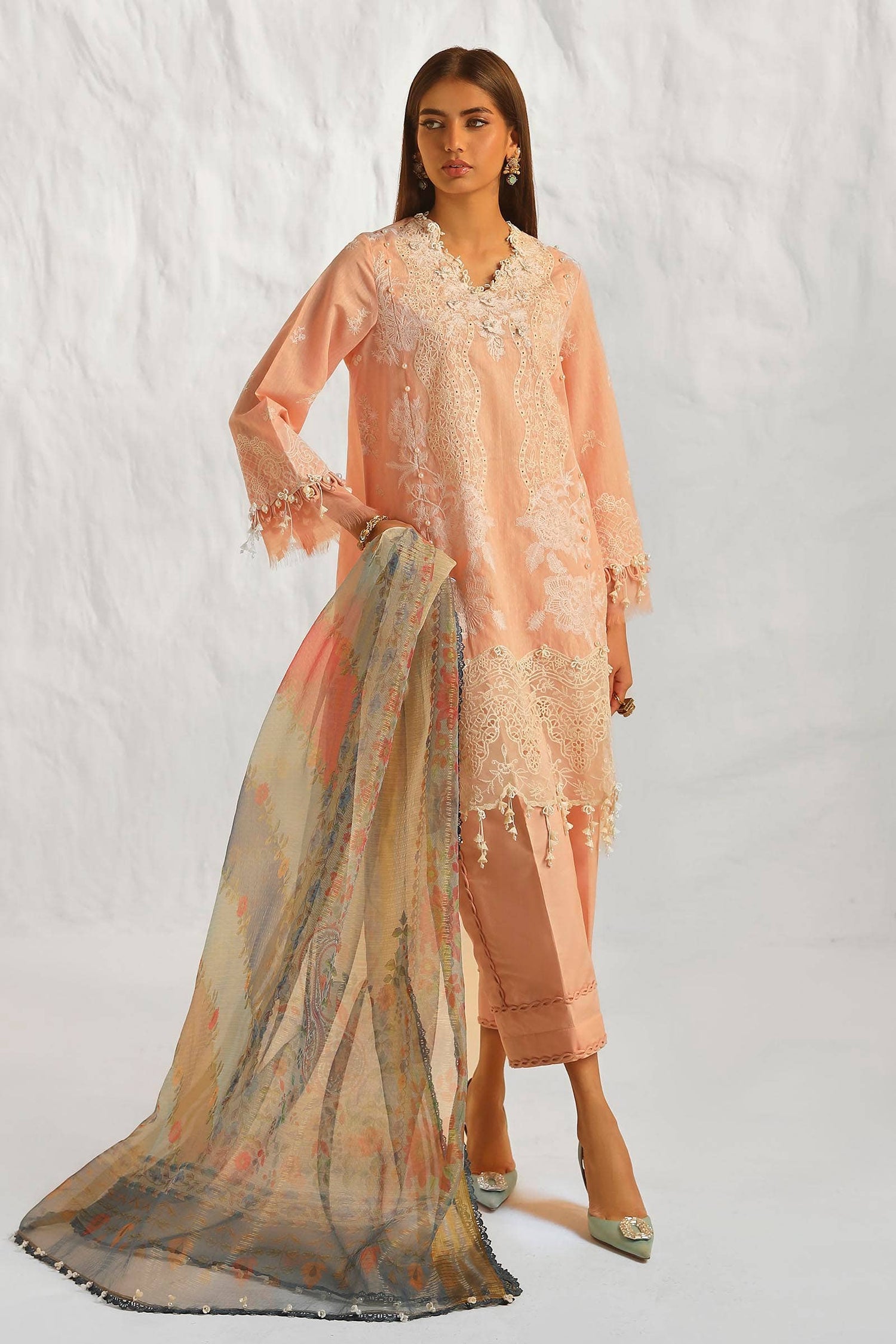 Sana Safinaz 3 Piece Custom Stitched Suit - Peach - LB286825