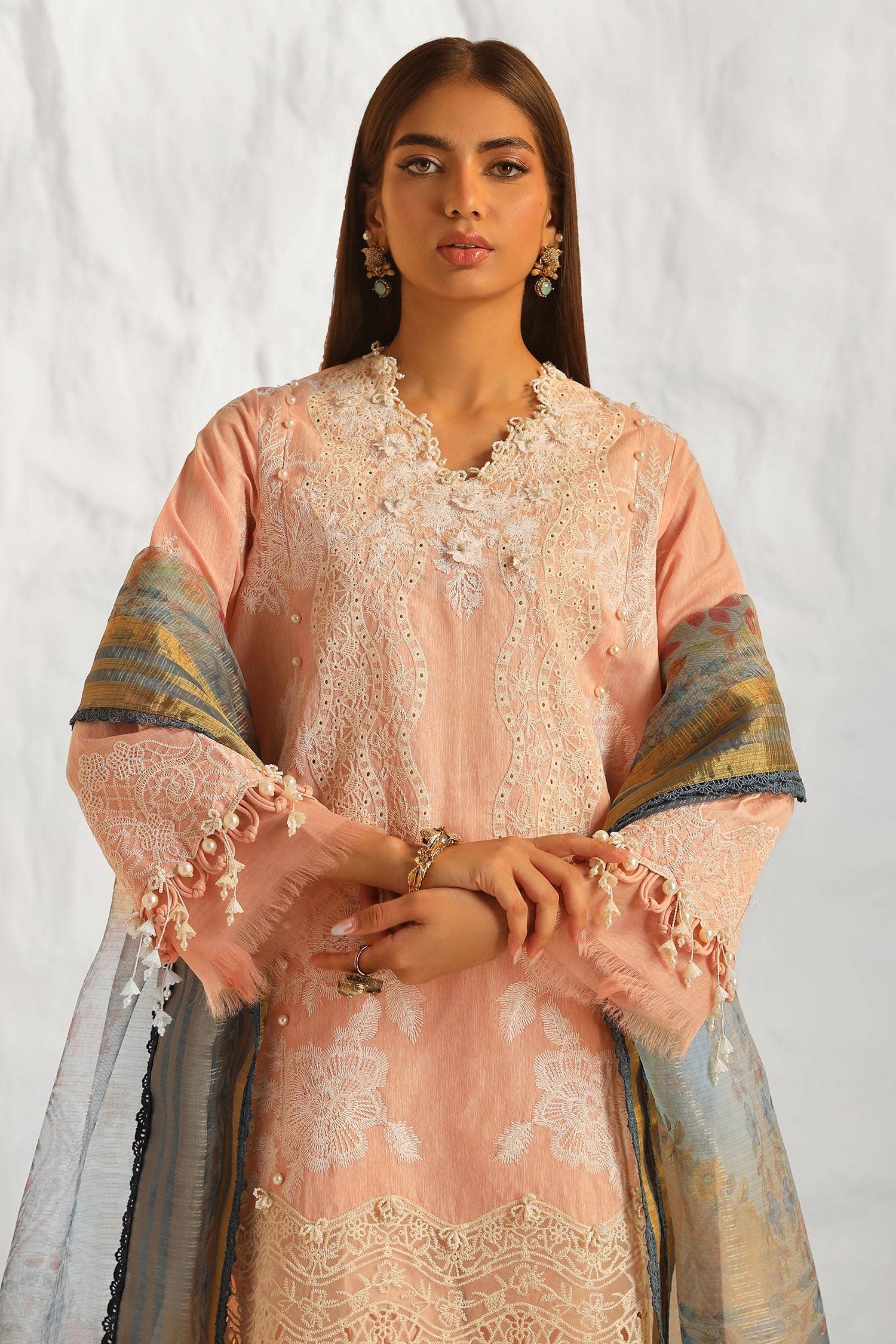 Sana Safinaz 3 Piece Custom Stitched Suit - Peach - LB286825