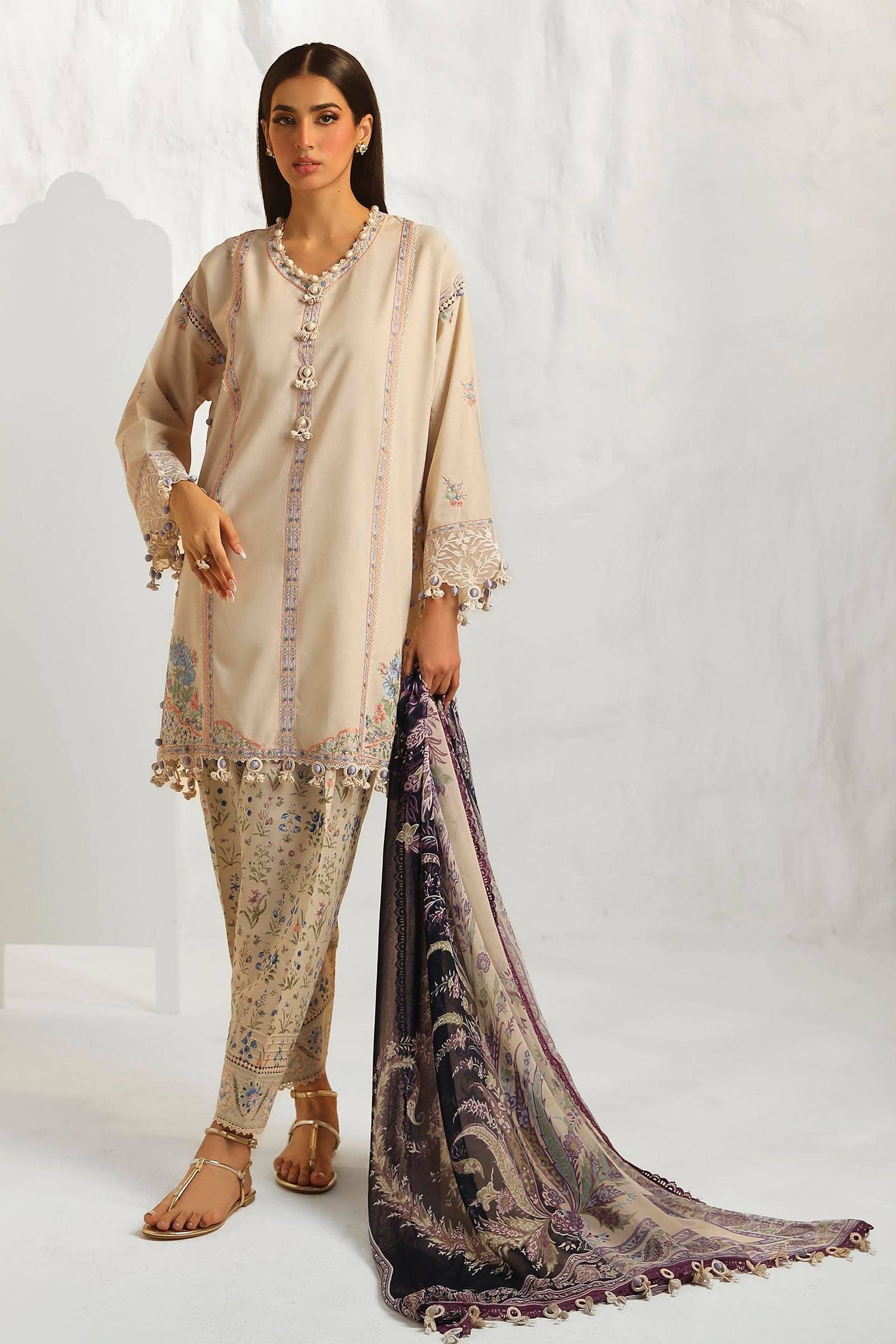 Sana Safinaz 3 Piece Custom Stitched Suit - Beige - LB286827