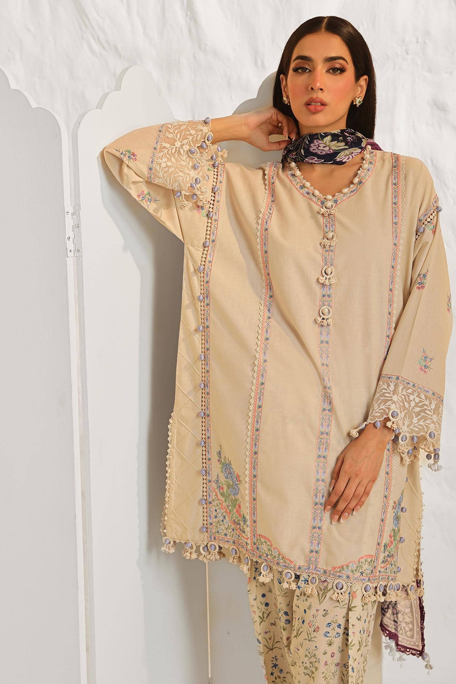 Sana Safinaz 3 Piece Custom Stitched Suit - Beige - LB286827