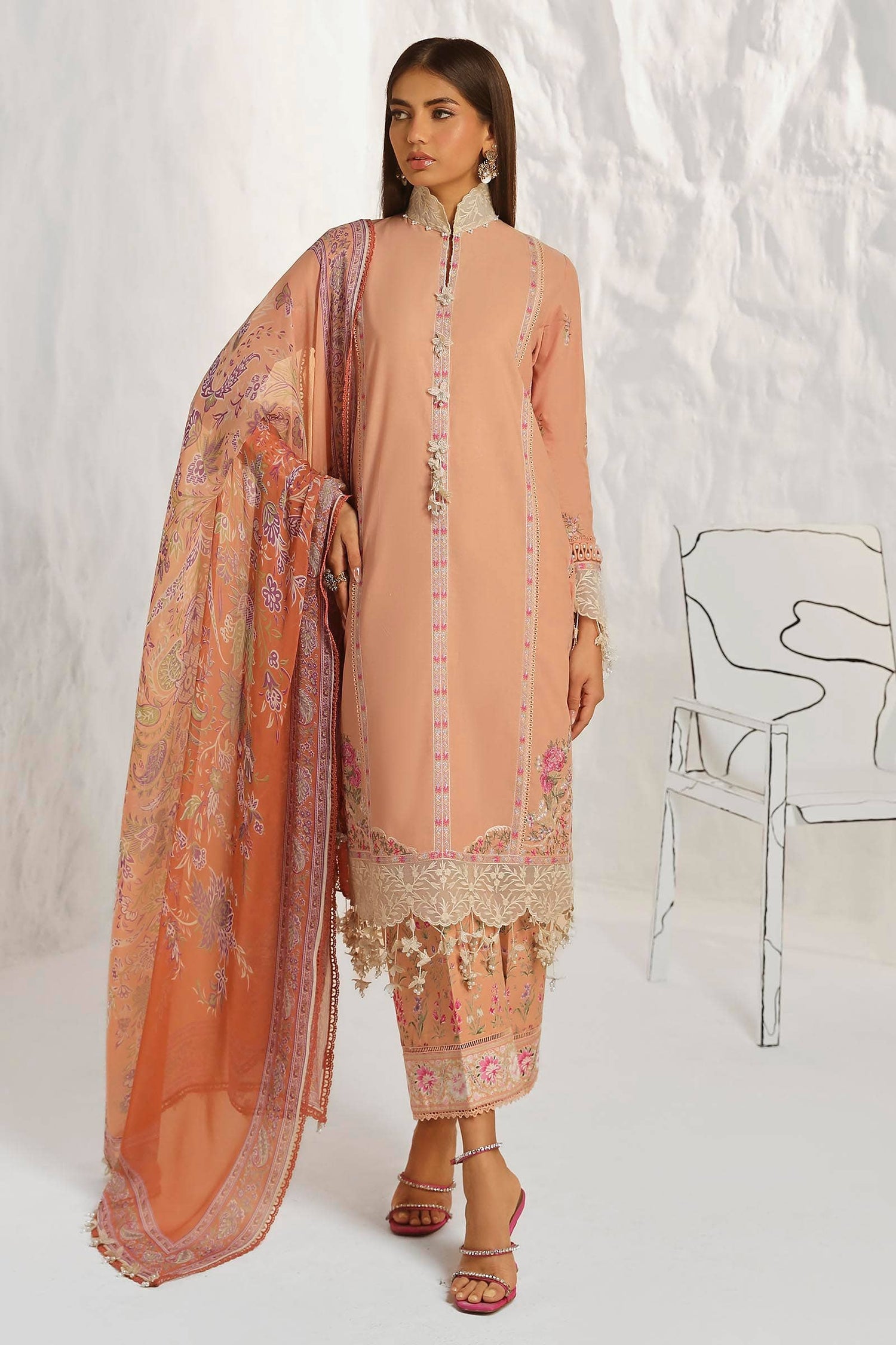 Sana Safinaz 3 Piece Custom Stitched Suit - Pink - LB286828