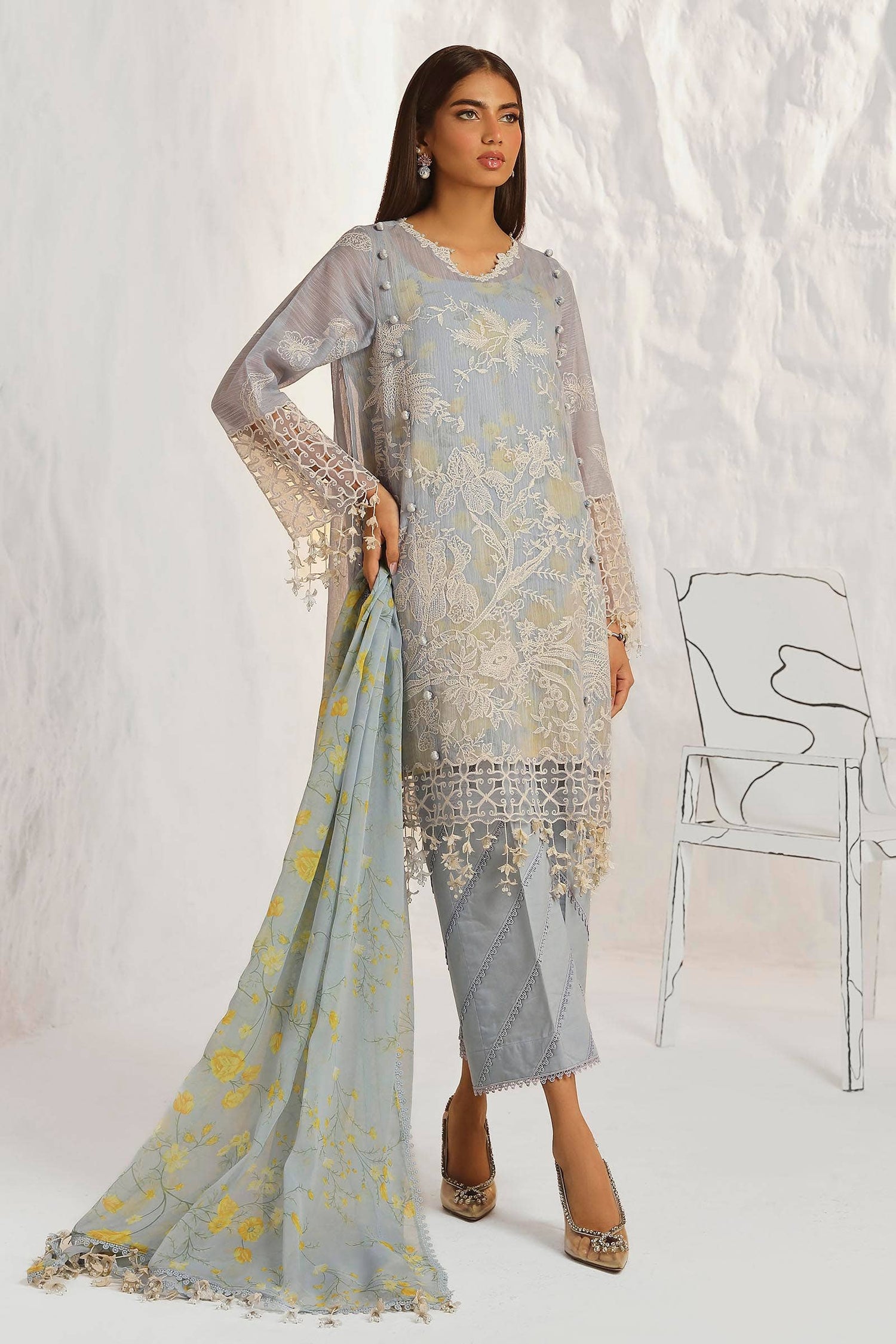 Sana Safinaz 3 Piece Custom Stitched Suit - Blue - LB286831